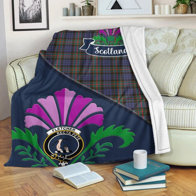 Clan Fletcher Tartan Crest Premium Blanket Thistle Style NT13