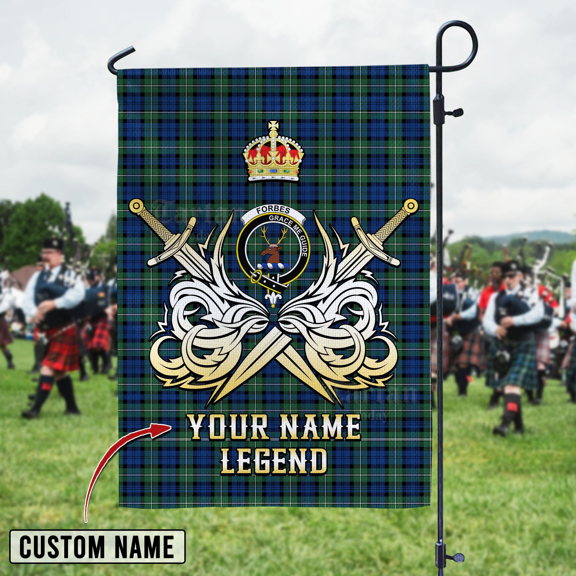 Personalized Custom Name Clan Forbes Ancient Tartan Garden Flag with Clan Crest and the Golden Sword of Courageous Legacy GJ39 - Forbes Ancient Tartan Design, Scottish Heritage Gift