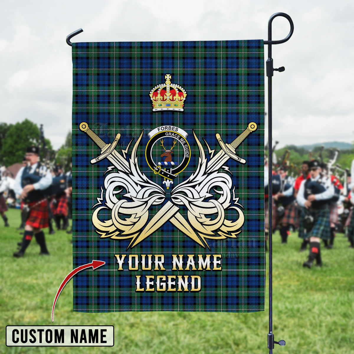 Personalized Custom Name Clan Forbes Ancient Tartan Garden Flag with Clan Crest and the Golden Sword of Courageous Legacy GJ39 - Forbes Ancient Tartan Design, Scottish Heritage Gift