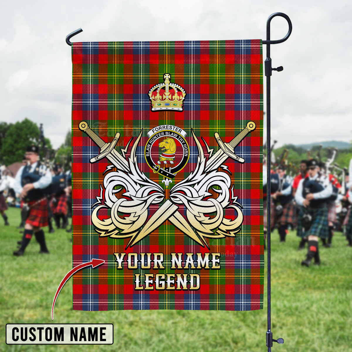 Personalized Custom Name Clan Forrester Tartan Garden Flag with Clan Crest and the Golden Sword of Courageous Legacy TA34 - Forrester Tartan Design, Scottish Heritage Gift
