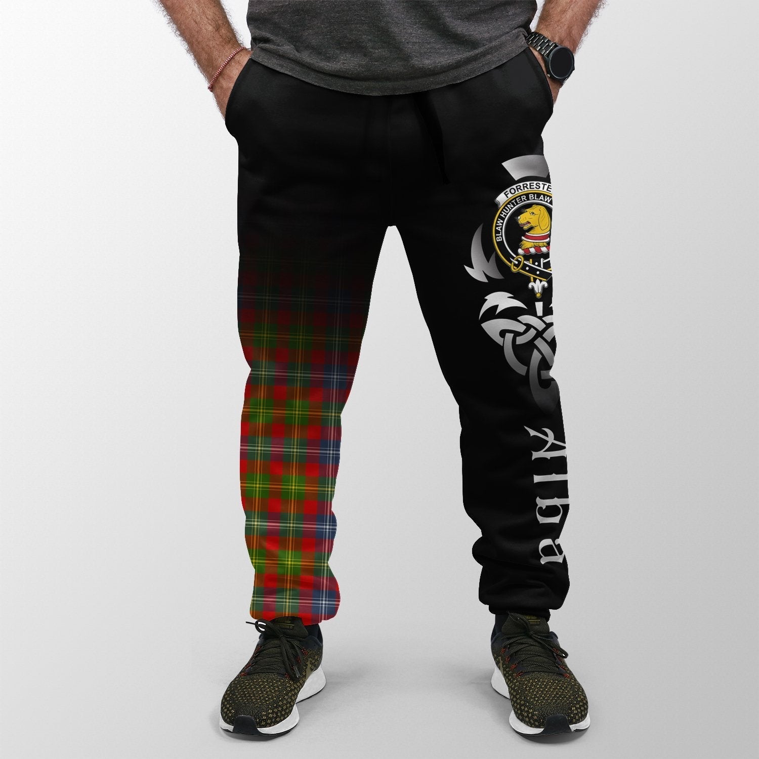Clan Forrester Tartan Crest Jogger Sweatpants  Alba Celtic Style HW40 Clan Forrester Tartan Today   