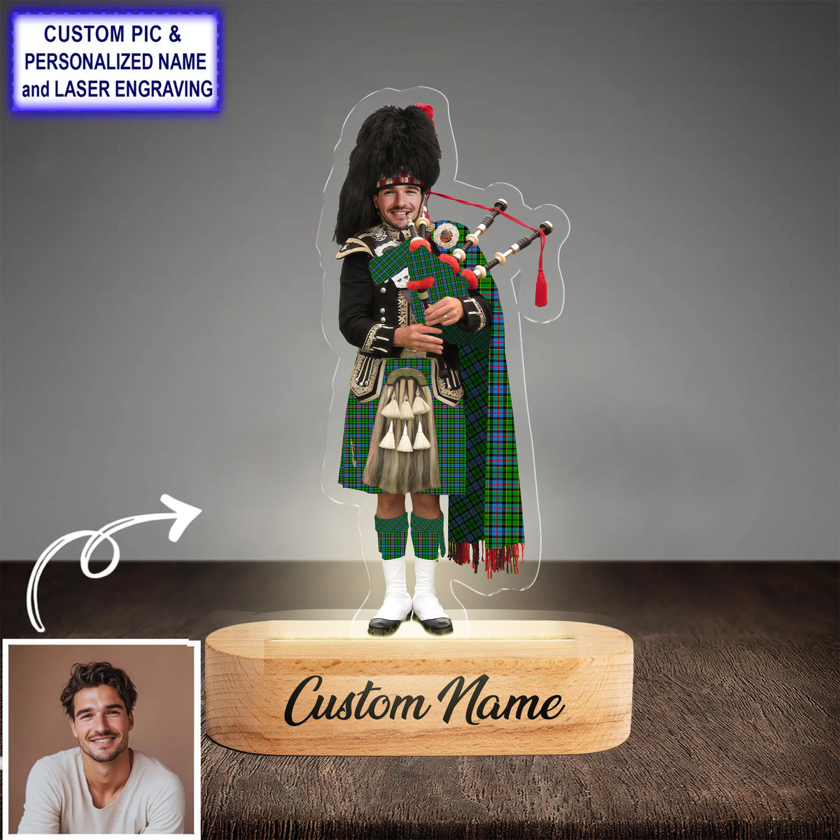Custom Bagpipe Forsyth Tartan LED Night Light - Personalized Scottish Bagpiper Figurine with Wooden Stand