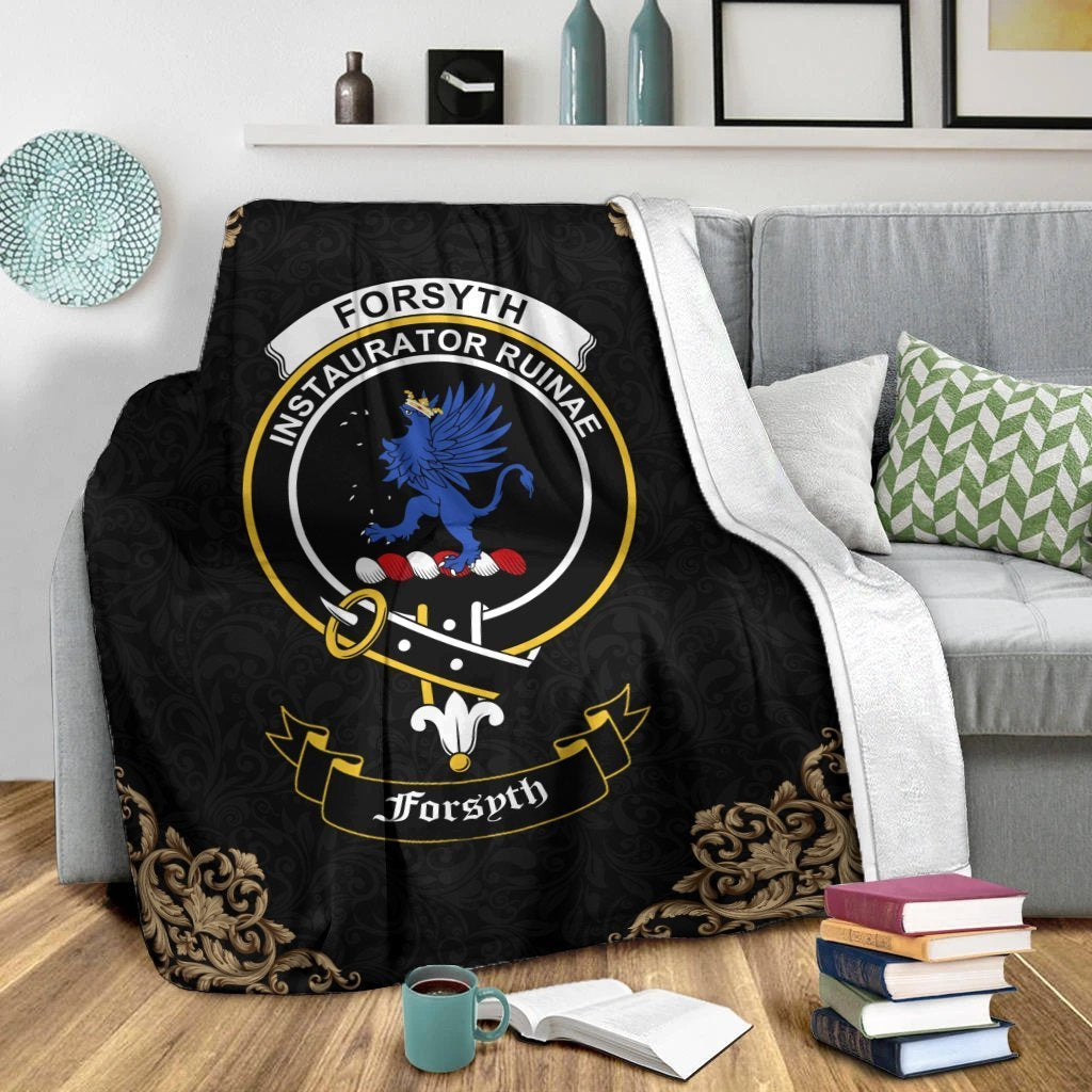 Clan Forsyth Crest Tartan Premium Blanket Black SU85 Clan Forsyth Tartan Today   