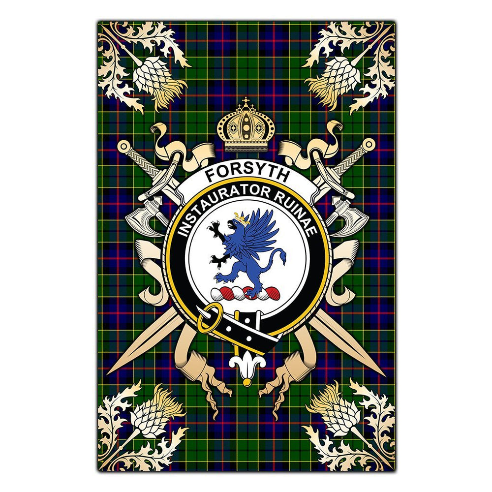 Clan Forsyth Modern Tartan Crest Black Garden Flag  - Gold Thistle  JM11 Clan Forsyth Tartan Today   