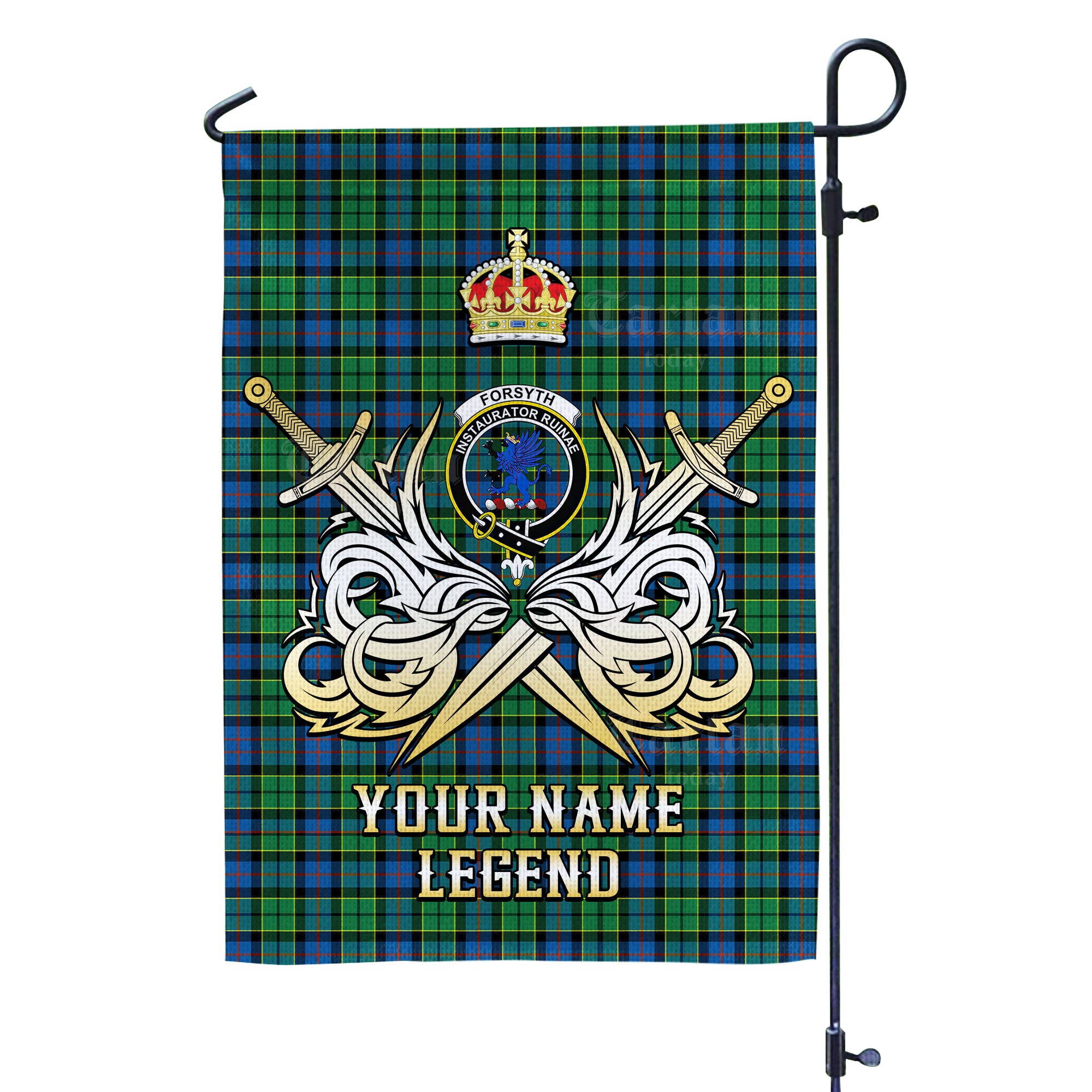 Custom Name Clan Forsyth Ancient Tartan Garden Flag with Clan Crest and the Golden Sword of Courageous Legacy FV24