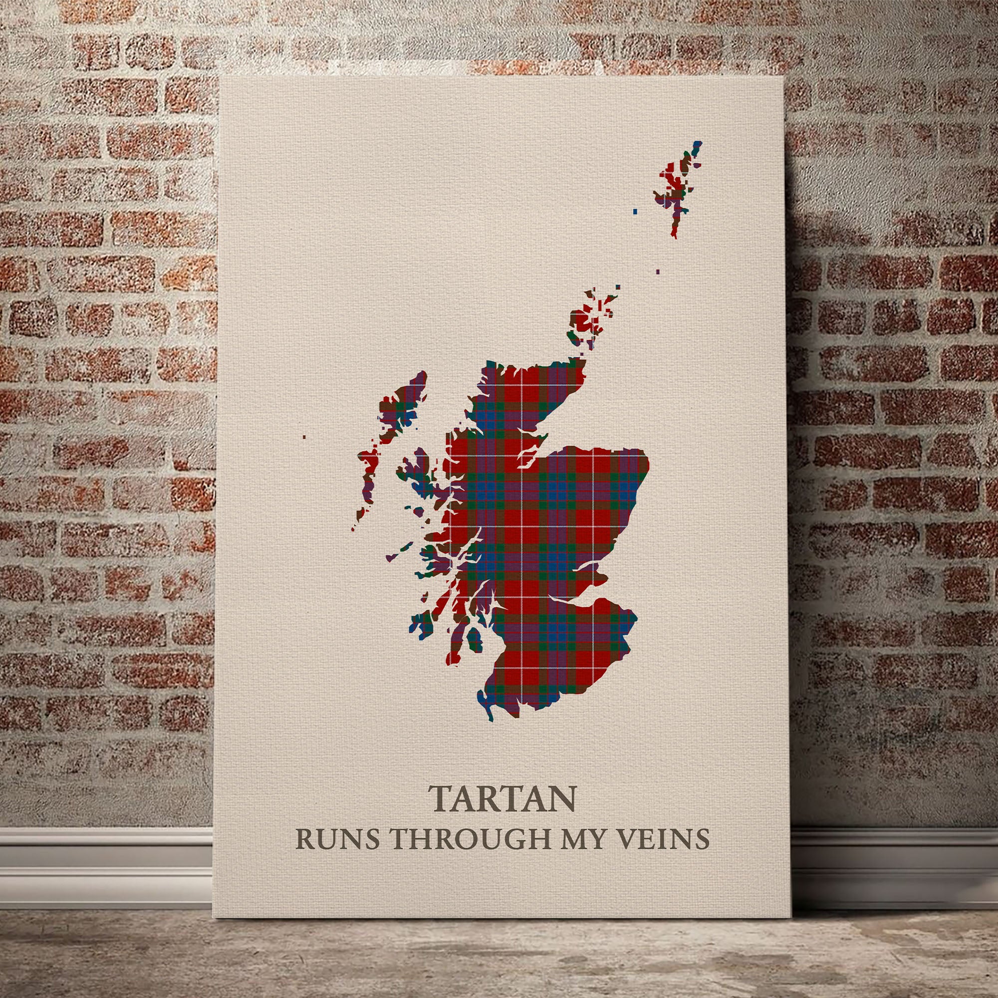 Fraser Ancient Tartan Scotland Map Canvas – “Tartan Runs Through My Veins” Wall Art