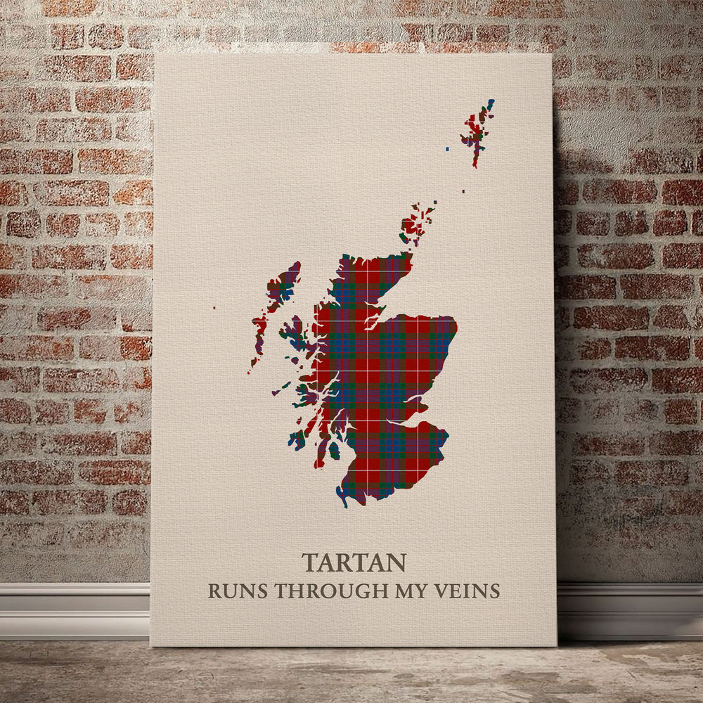 Fraser Ancient Tartan Scotland Map Canvas – “Tartan Runs Through My Veins” Wall Art