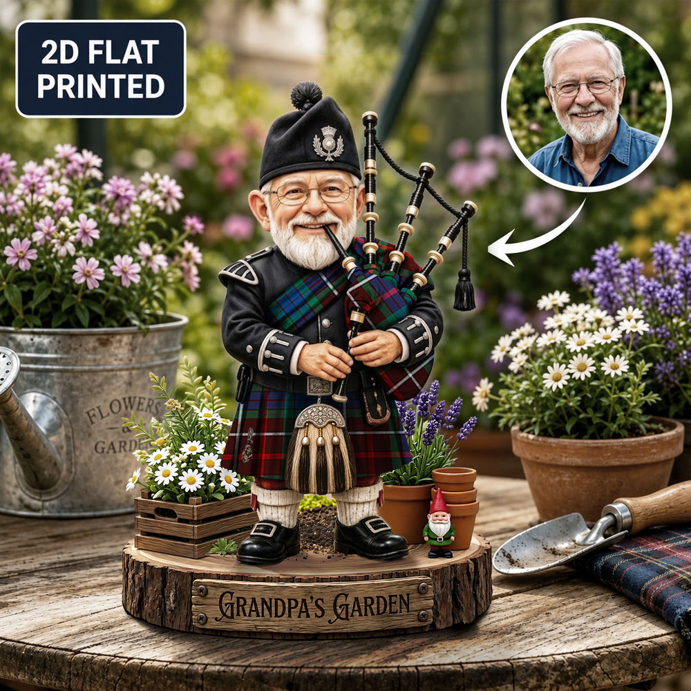 Personalized Fraser Hunting Ancient Clan Bagpipe Garden Gnome Caricature Plaque Custom Photo, Any Clan Tartan, Wood or Acrylic, Grandpa & Dad Gift, Scottish Highland Garden Decor CH79