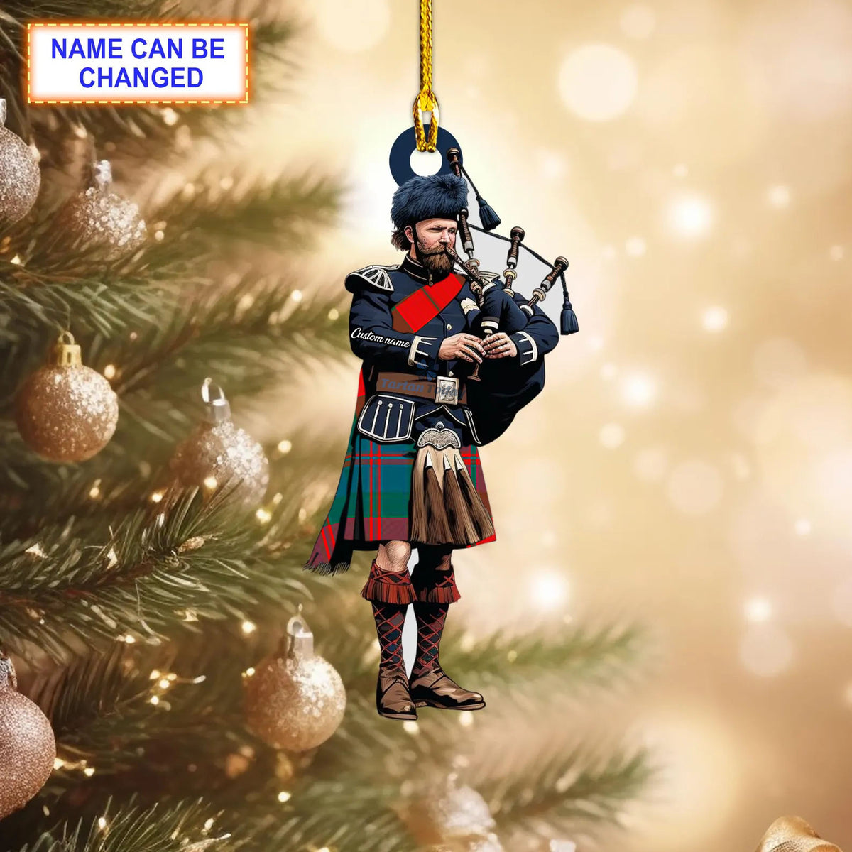 Fraser of Atholl Modern Tartan Bagpipe Ornament with Custom Name