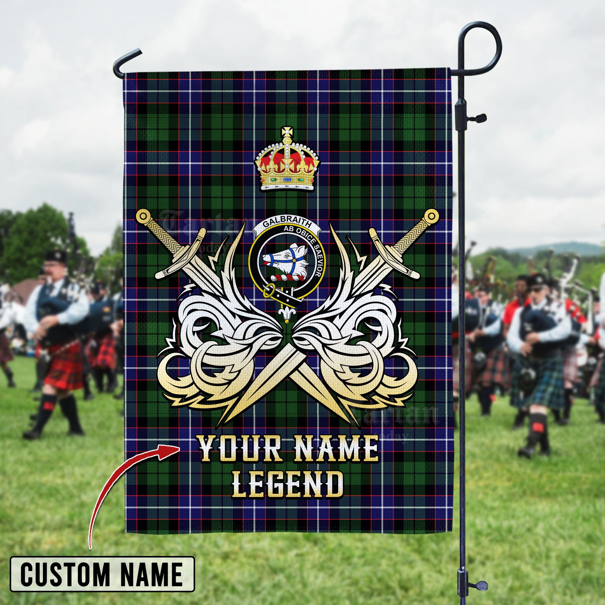 Personalized Custom Name Clan Galbraith Modern Tartan Garden Flag with Clan Crest and the Golden Sword of Courageous Legacy HN16 - Galbraith Modern Tartan Design, Scottish Heritage Gift