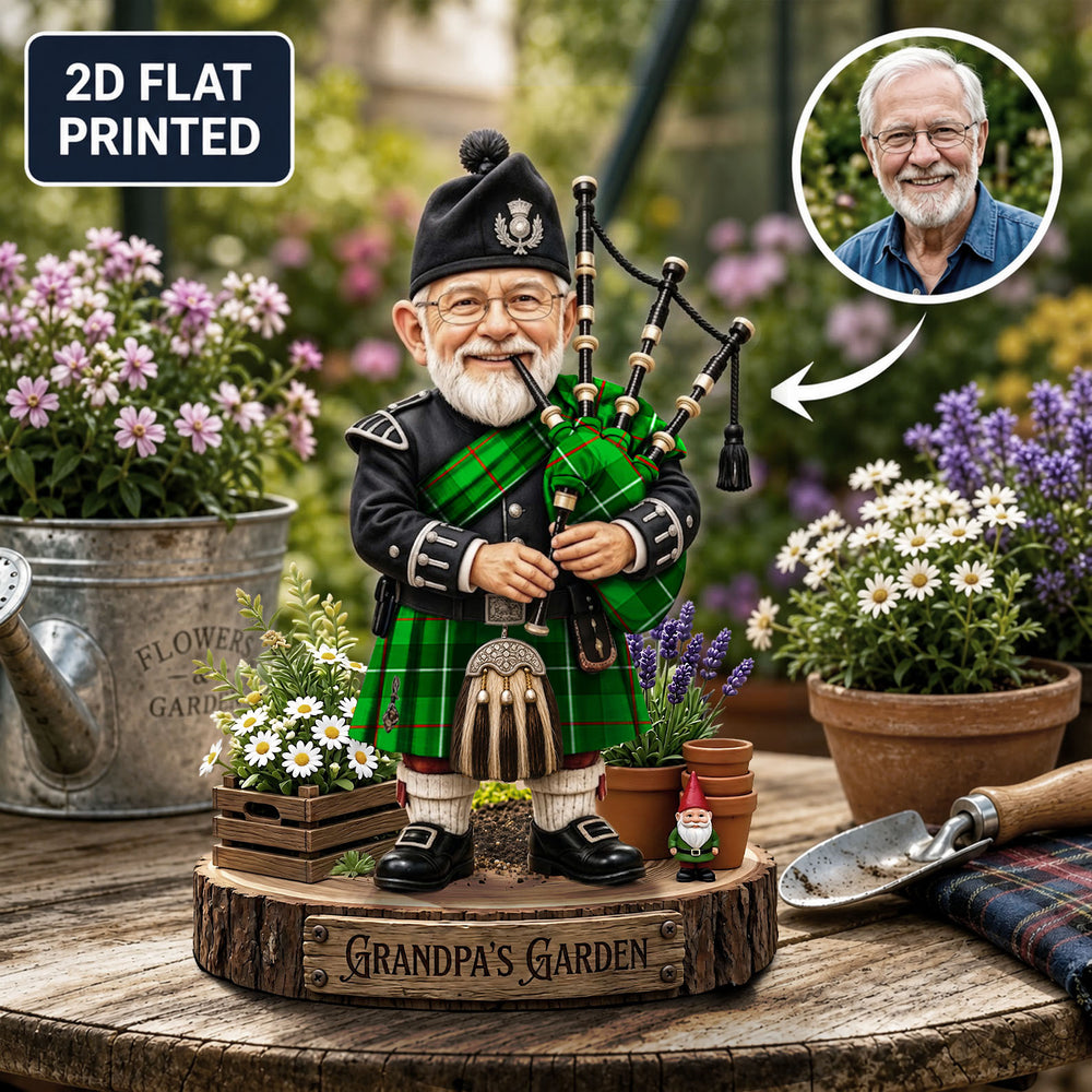 Personalized Galloway District Clan Bagpipe Garden Gnome Caricature Plaque Custom Photo, Any Clan Tartan, Wood or Acrylic, Grandpa & Dad Gift, Scottish Highland Garden Decor BT65