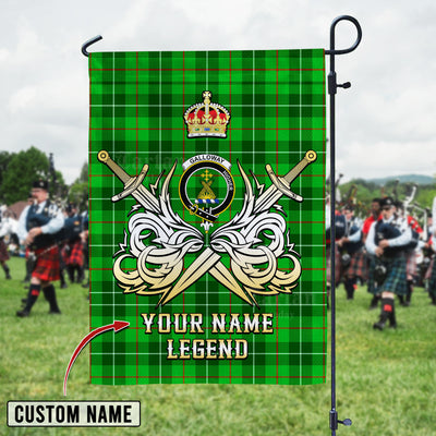 Custom Name Clan Galloway District Tartan Garden Flag with Clan Crest and the Golden Sword of Courageous Legacy