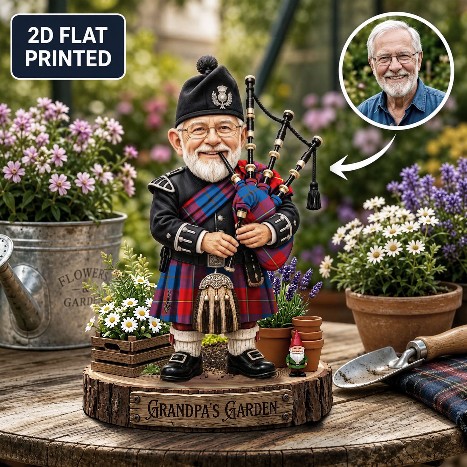Personalized Galloway Red Clan Bagpipe Garden Gnome Caricature Plaque Custom Photo, Any Clan Tartan, Wood or Acrylic, Grandpa & Dad Gift, Scottish Highland Garden Decor TT58