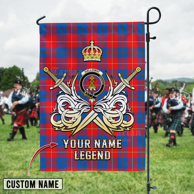 Custom Name Clan Galloway Red Tartan Garden Flag with Clan Crest and the Golden Sword of Courageous Legacy
