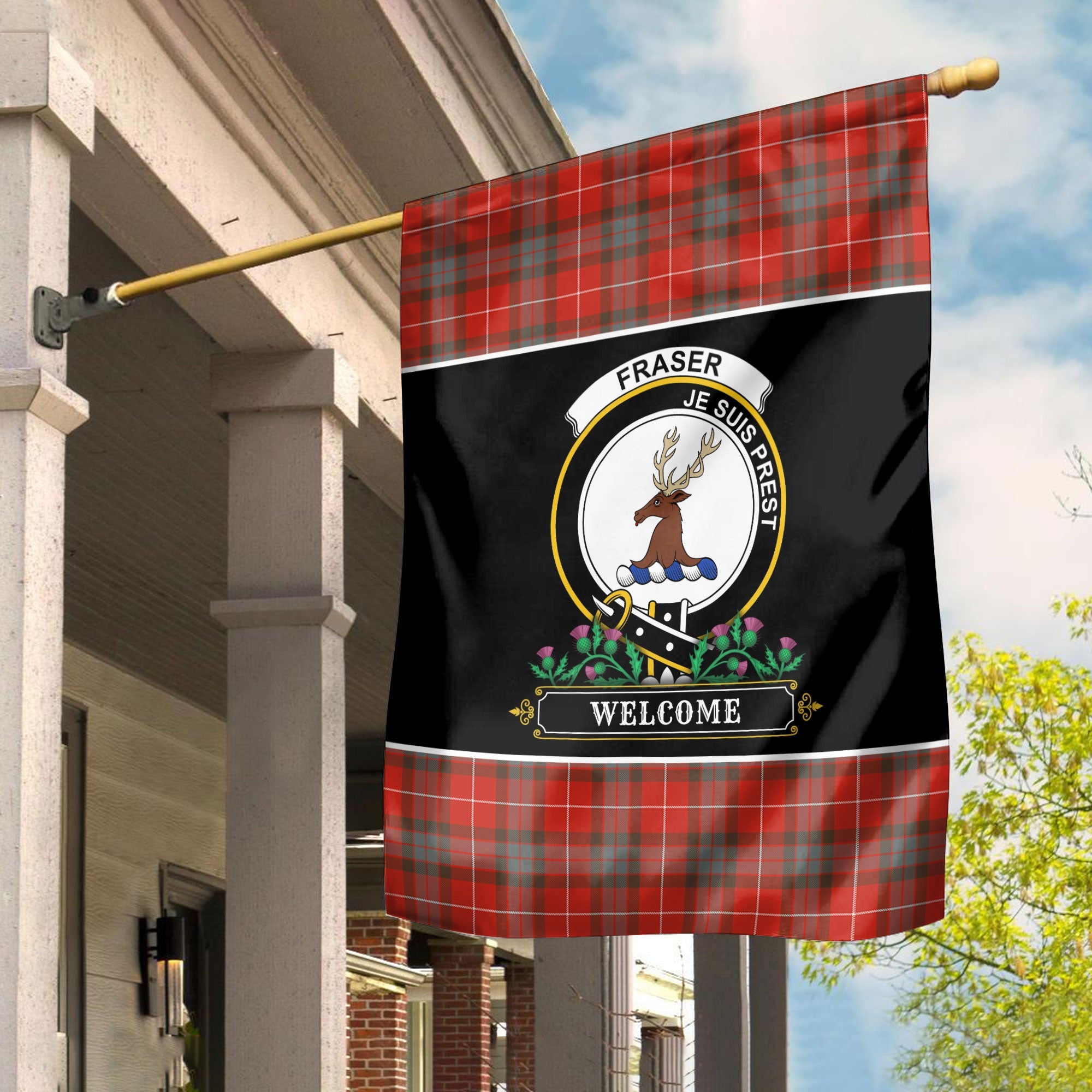 Clan Fraser (of Lovat) Weathered Tartan Crest Garden Flag  - Welcome  HR58 Clan Fraser Tartan Today   