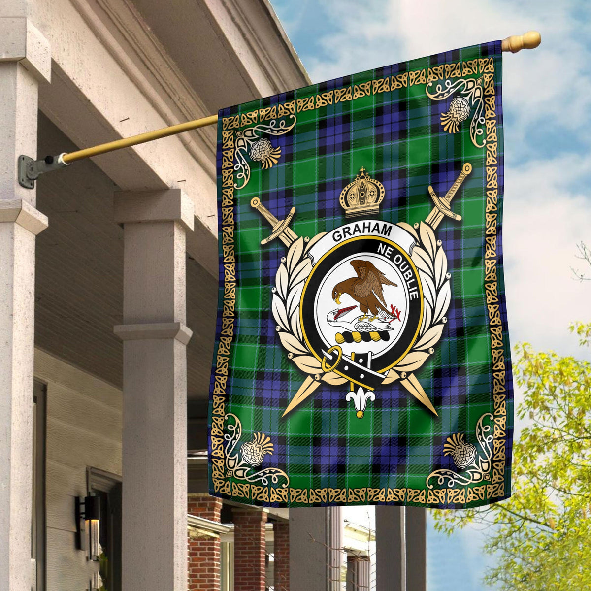 Clan Graham of Menteith Modern Tartan Crest Garden Flag  - Celtic Thistle  NU24 Clan Graham Tartan Today   