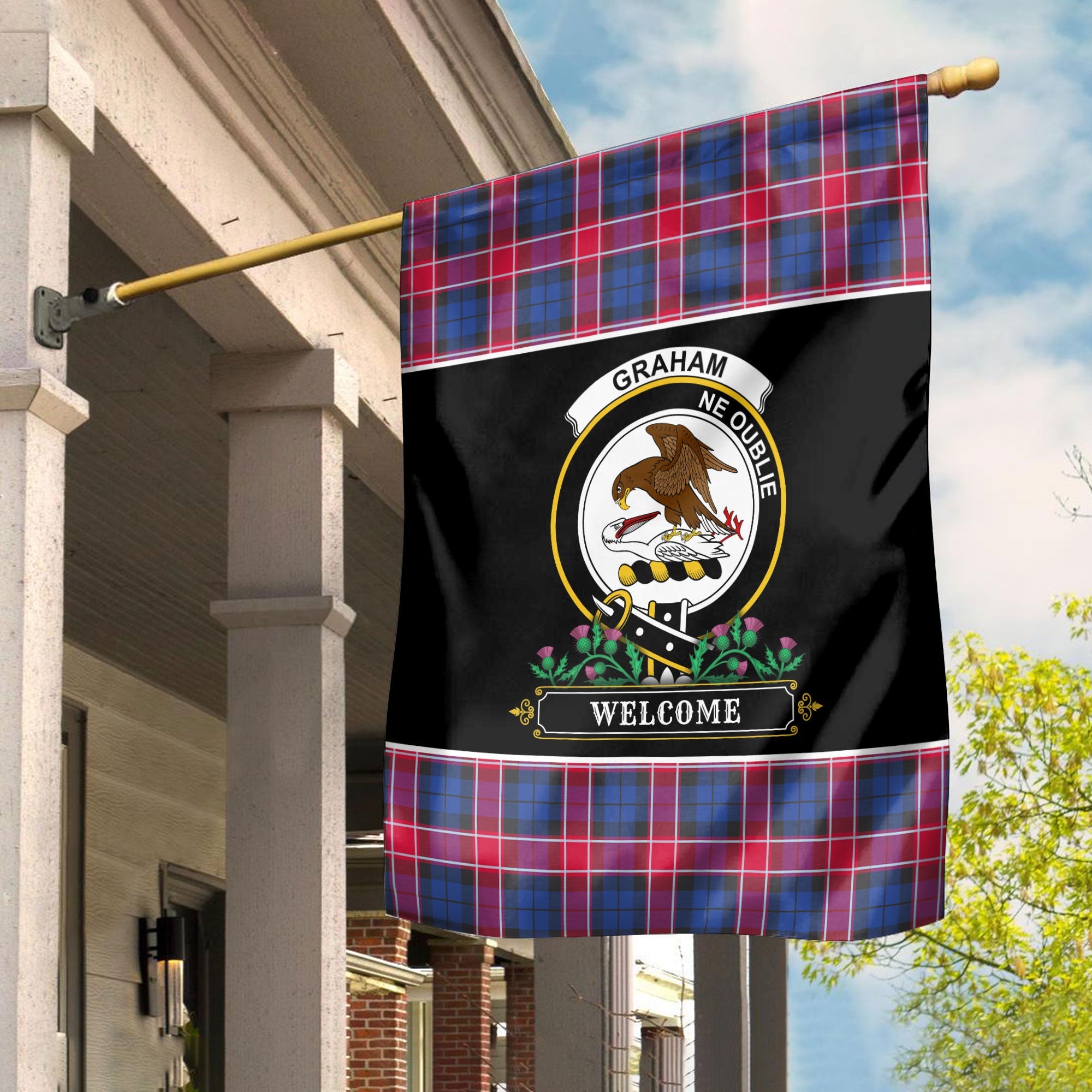 Clan Graham of Menteith Red Tartan Crest Garden Flag  - Welcome  KX13 Clan Graham Tartan Today   