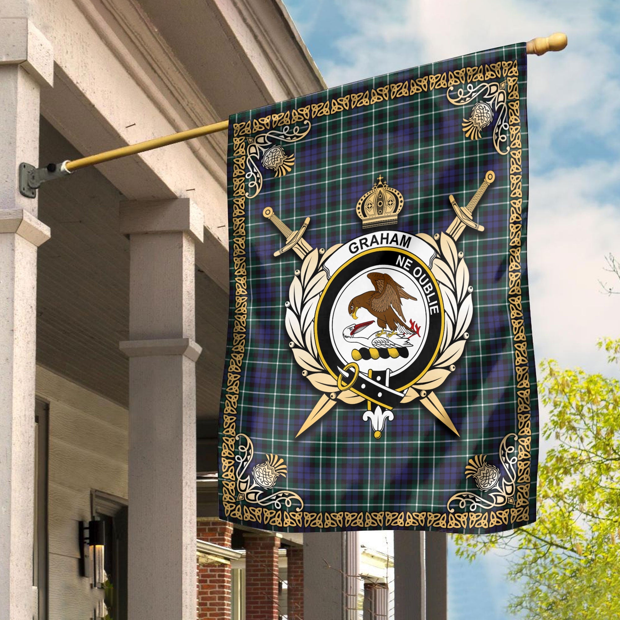 Clan Graham of Montrose Modern Tartan Crest Garden Flag  - Celtic Thistle  YE76 Clan Rose Tartan Today   