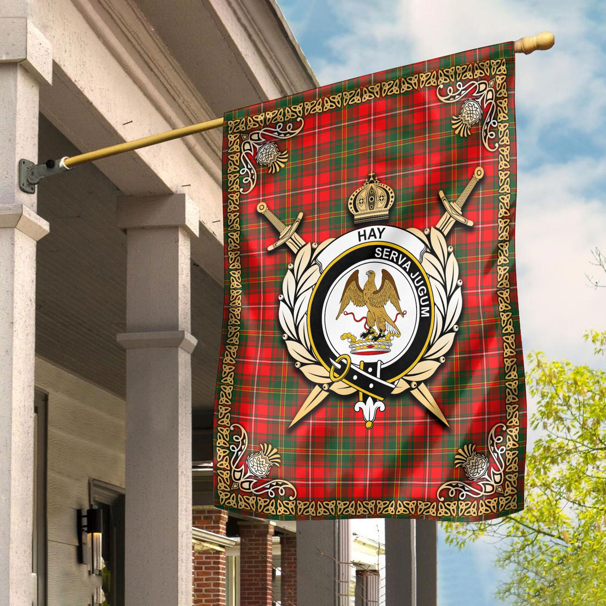 Clan Hay Modern Tartan Crest Garden Flag  - Celtic Thistle  PV28 Clan Hay Tartan Today   