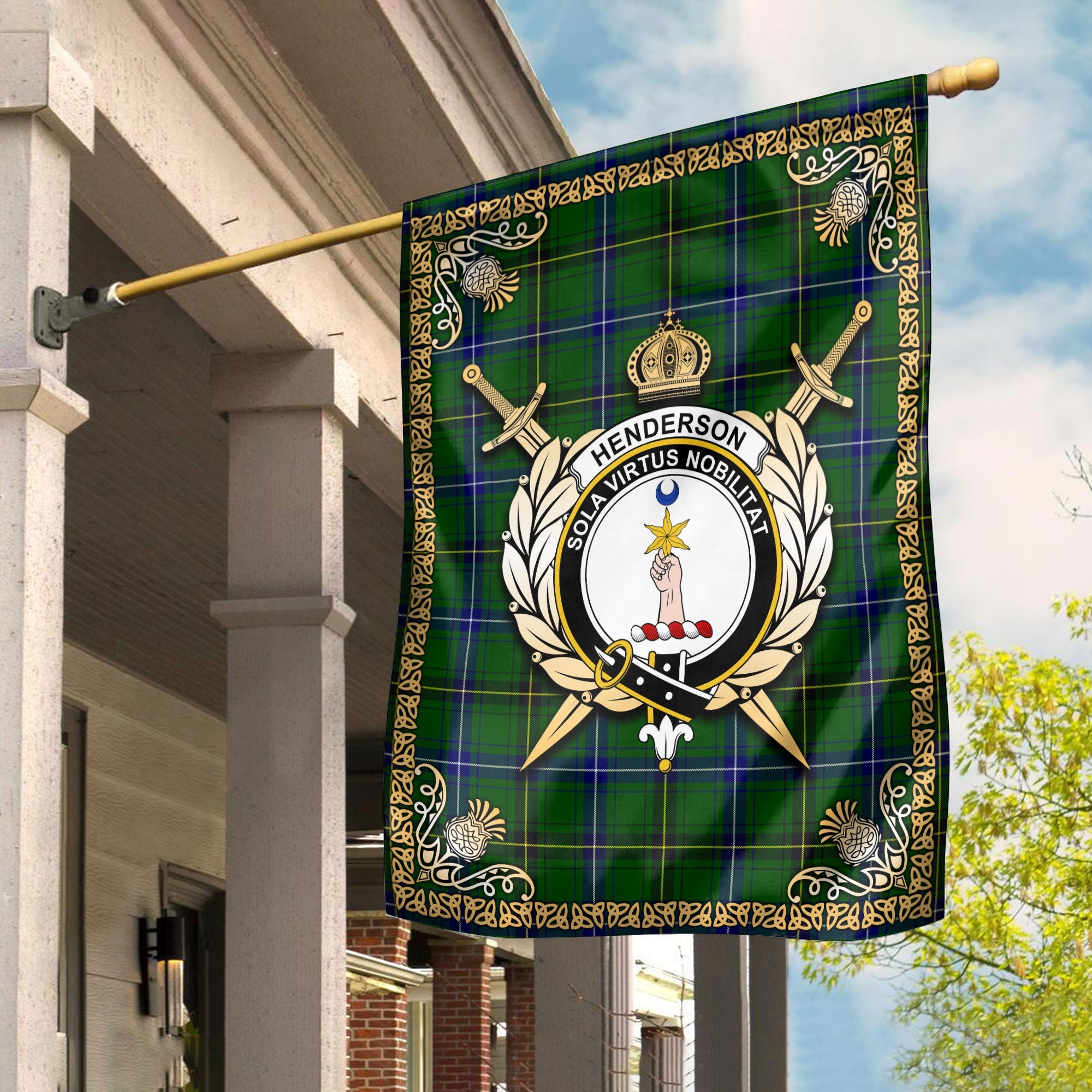 Clan Henderson Modern Tartan Crest Garden Flag  - Celtic Thistle  PL79 Clan Henderson Tartan Today   