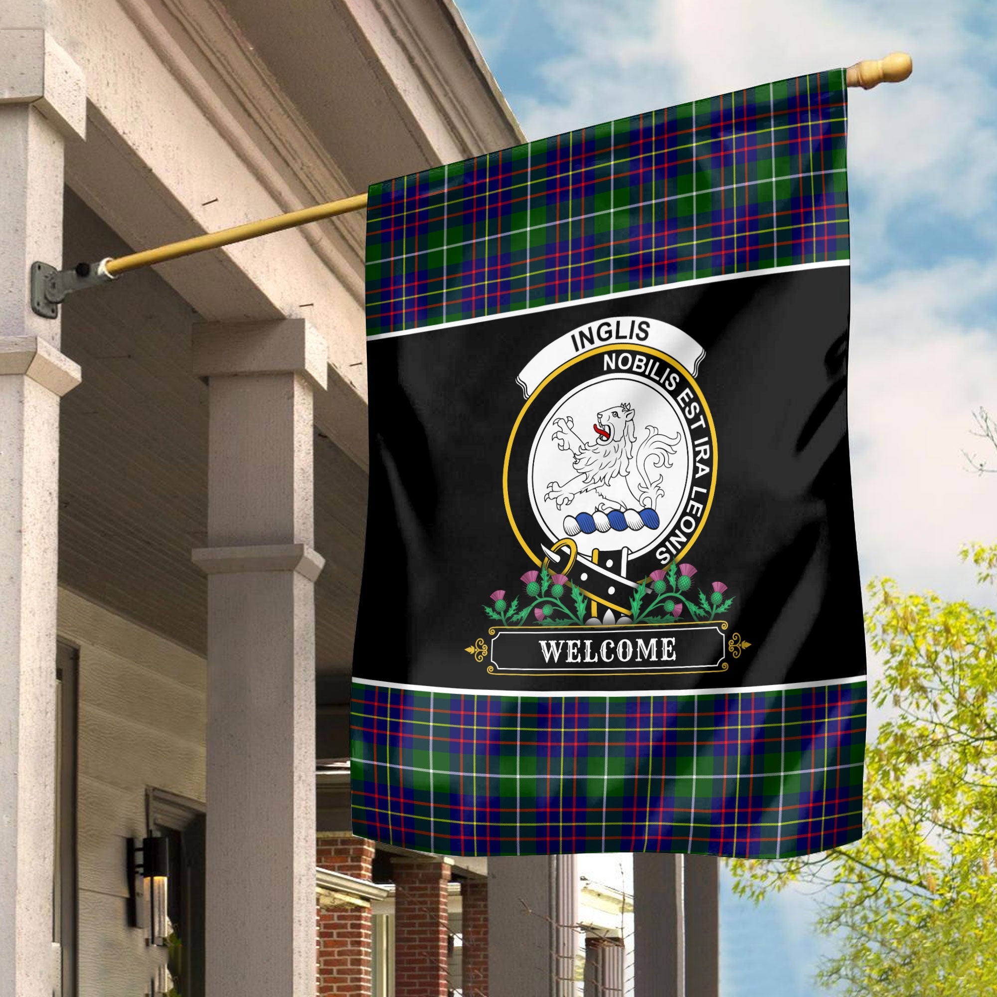 Clan Inglis Modern Tartan Crest Garden Flag  - Welcome  YD34 Clan Inglis Tartan Today   