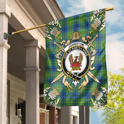 Clan Johnston of Caskieben Ancient Tartan Crest Black Garden Flag - Gold Thistle SG18