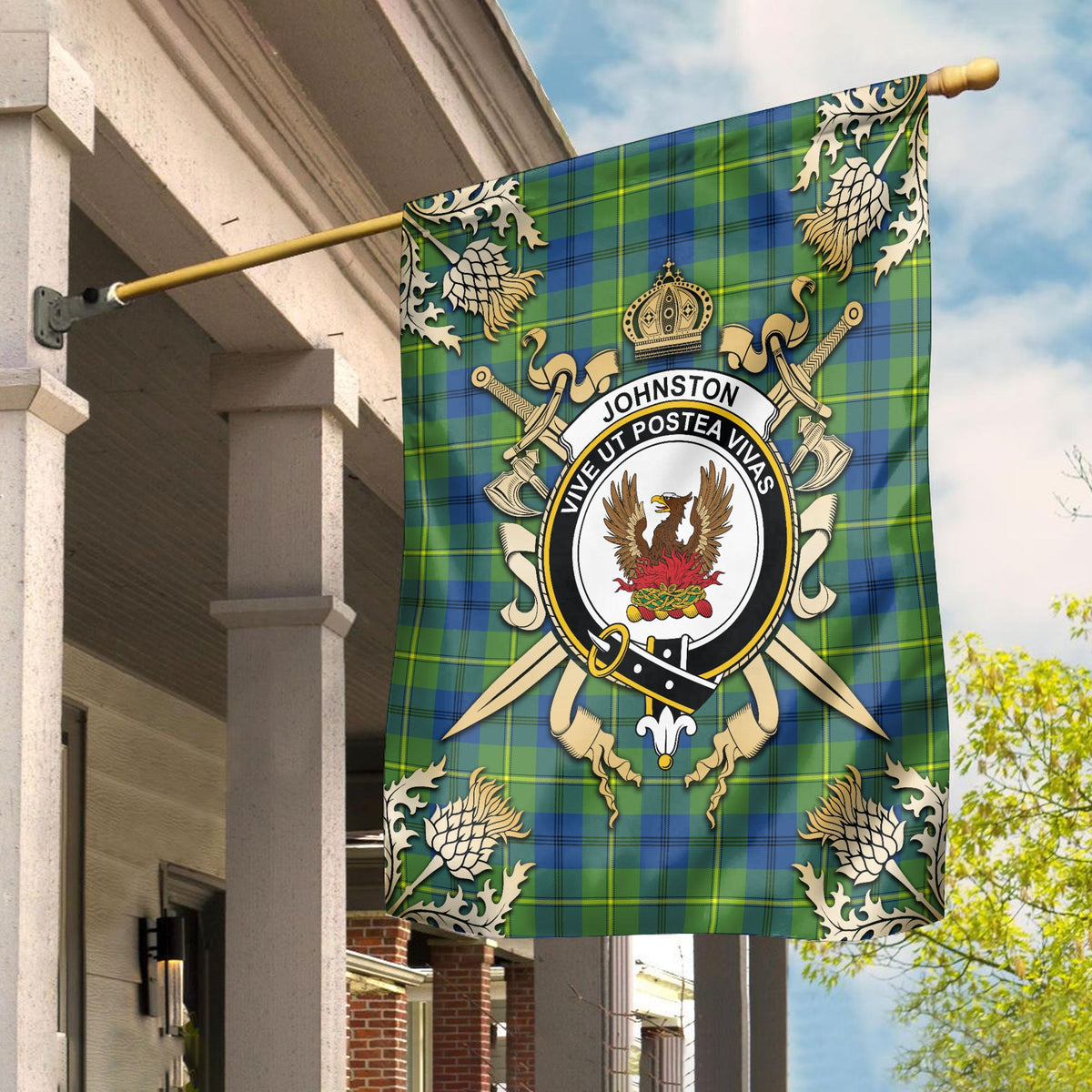Clan Johnston of Caskieben Ancient Tartan Crest Black Garden Flag  - Gold Thistle  SG18 Clan Johnston Tartan Today   