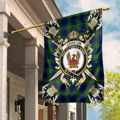 Clan Johnston of Caskieben Modern Tartan Crest Black Garden Flag - Gold Thistle KB44