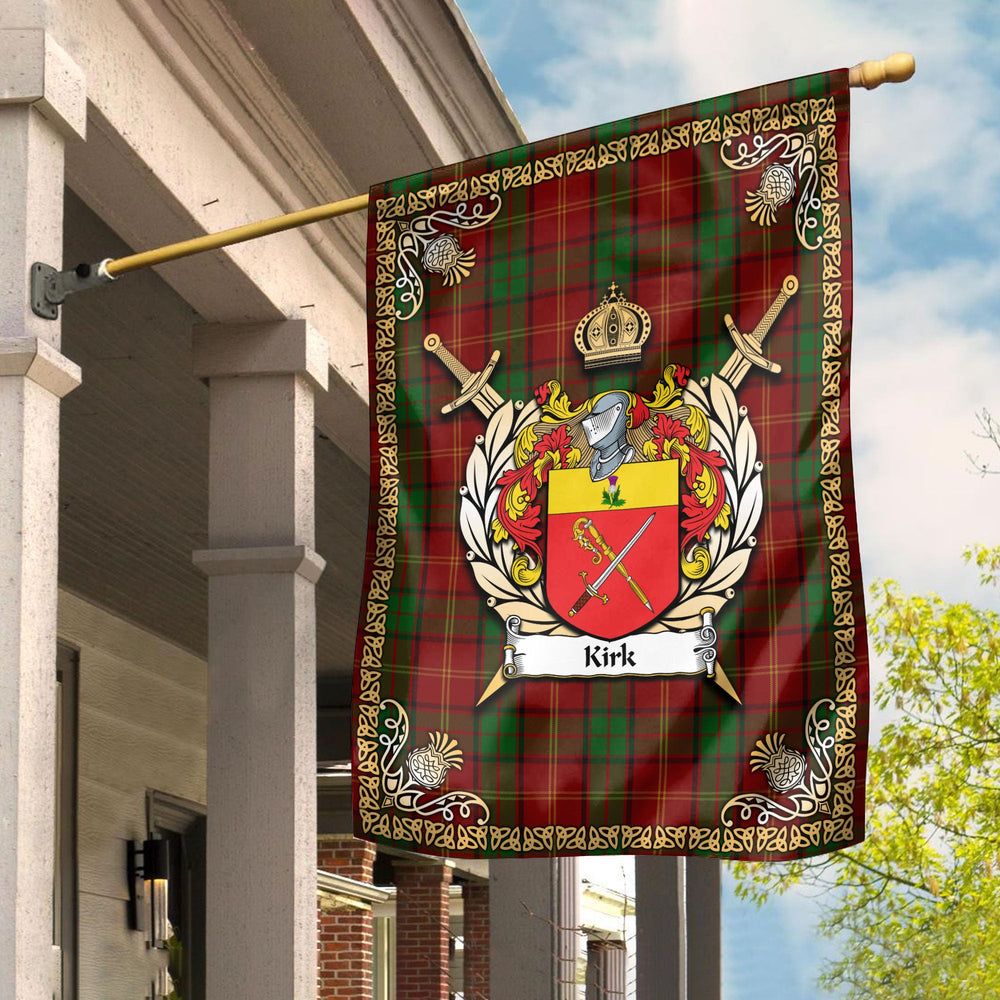 Clan Kirk Tartan Crest Black Garden Flag  - Gold Thistle  NO15 Clan Kirk Tartan Today   