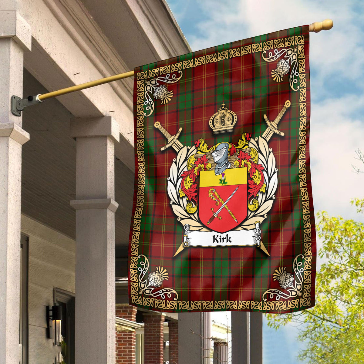 Clan Kirk Tartan Crest Black Garden Flag  - Gold Thistle  NO15 Clan Kirk Tartan Today   