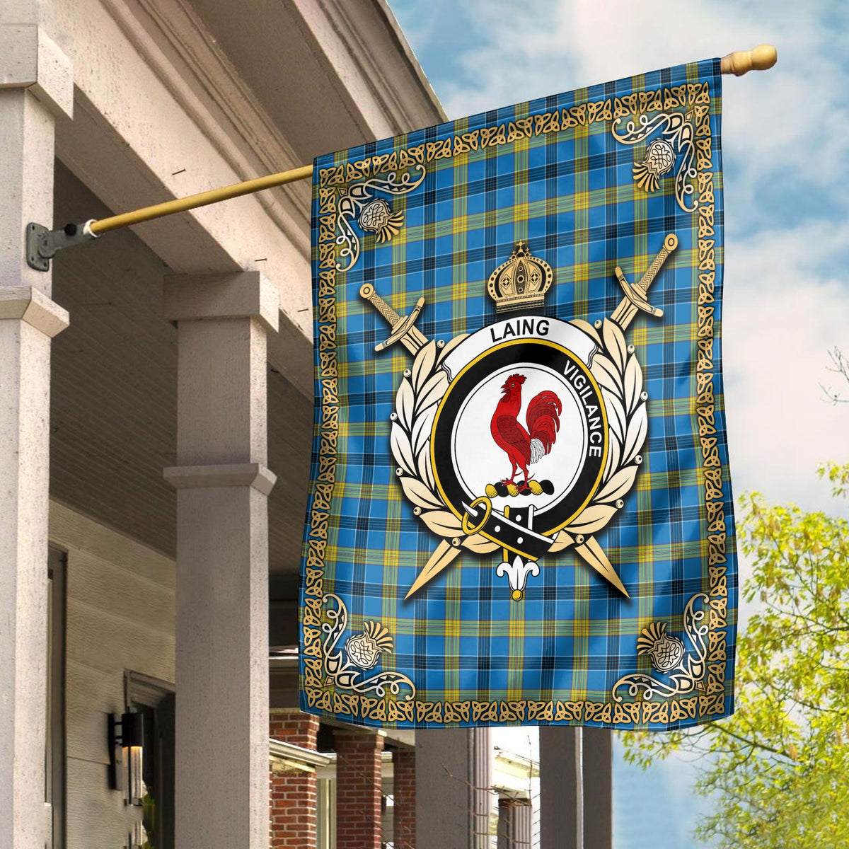 Clan Laing Tartan Crest Garden Flag  - Celtic Thistle  WO98 Clan Laing Tartan Today   
