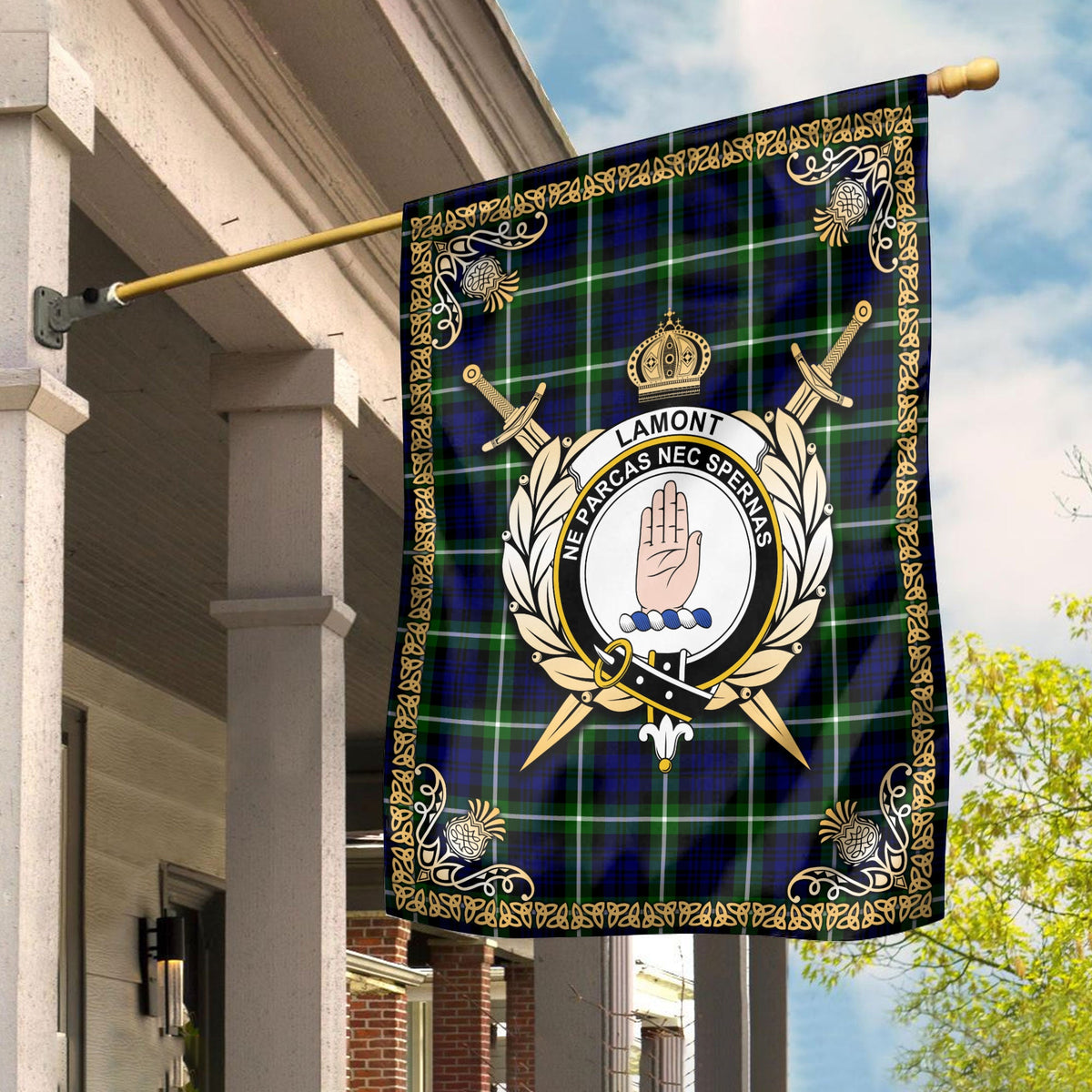 Clan Lamont Modern Tartan Crest Garden Flag  - Celtic Thistle  HD58 Clan Lamont Tartan Today   