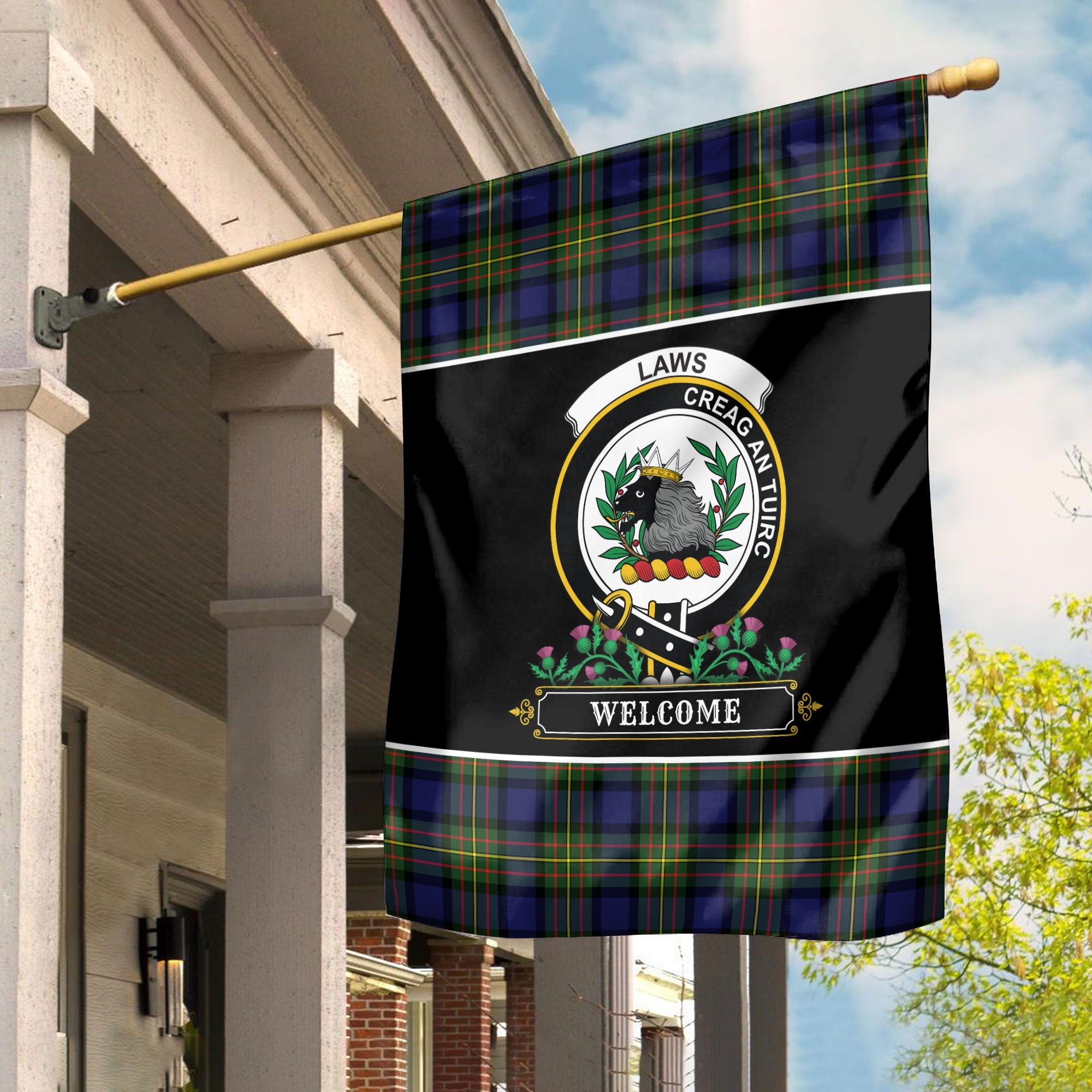 Clan Laws Tartan Crest Garden Flag  - Welcome  FT63 Clan Garden Tartan Today   