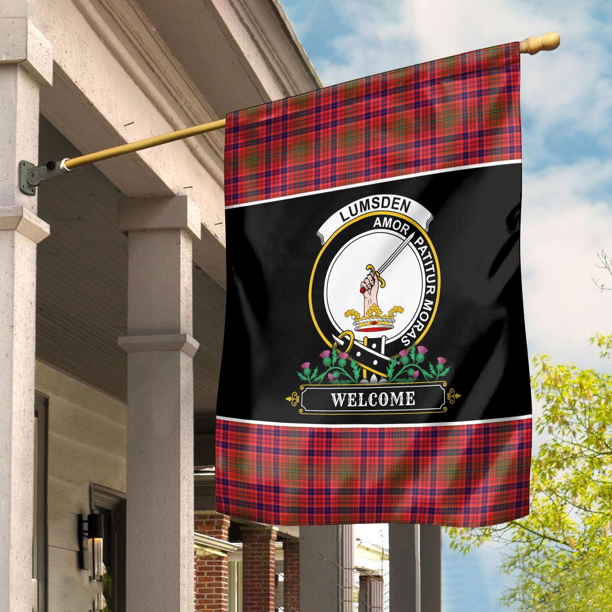Clan Lumsden Modern Tartan Crest Garden Flag  - Welcome  NJ74 Clan Lumsden Tartan Today   