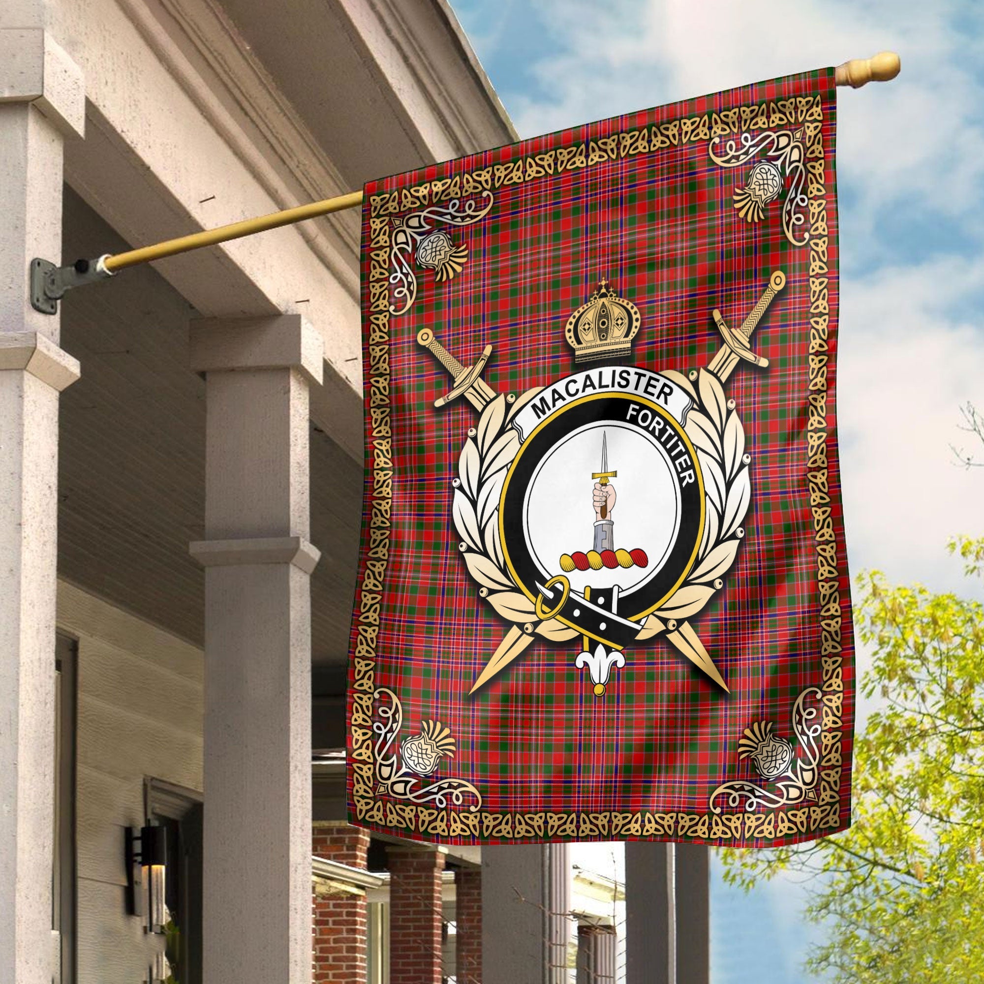 Clan MacAlister Modern Tartan Crest Garden Flag  - Celtic Thistle  JN53 Clan MacAlister Tartan Today   