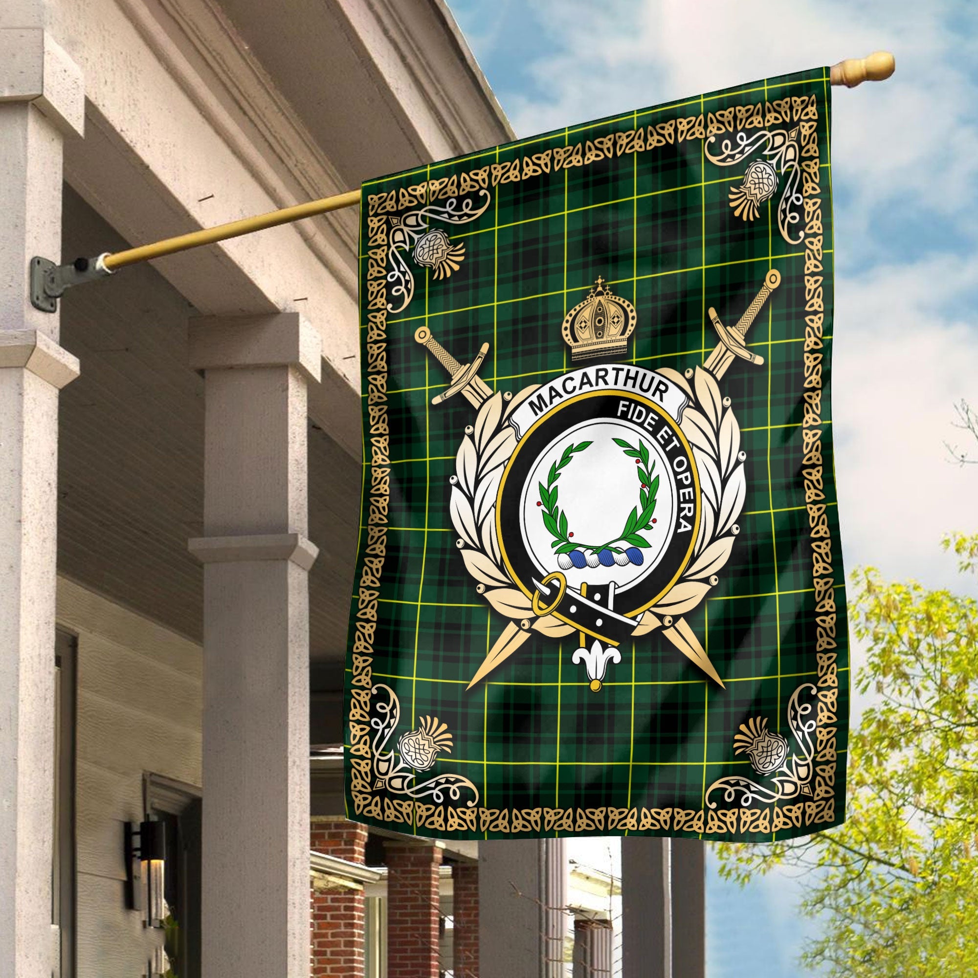 Clan MacArthur Modern Tartan Crest Garden Flag  - Celtic Thistle  OG48 Clan MacArthur Tartan Today   
