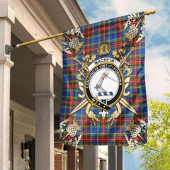 Clan MacBeth Modern Tartan Crest Black Garden Flag  - Gold Thistle  DF58 Clan MacBeth Tartan Today   