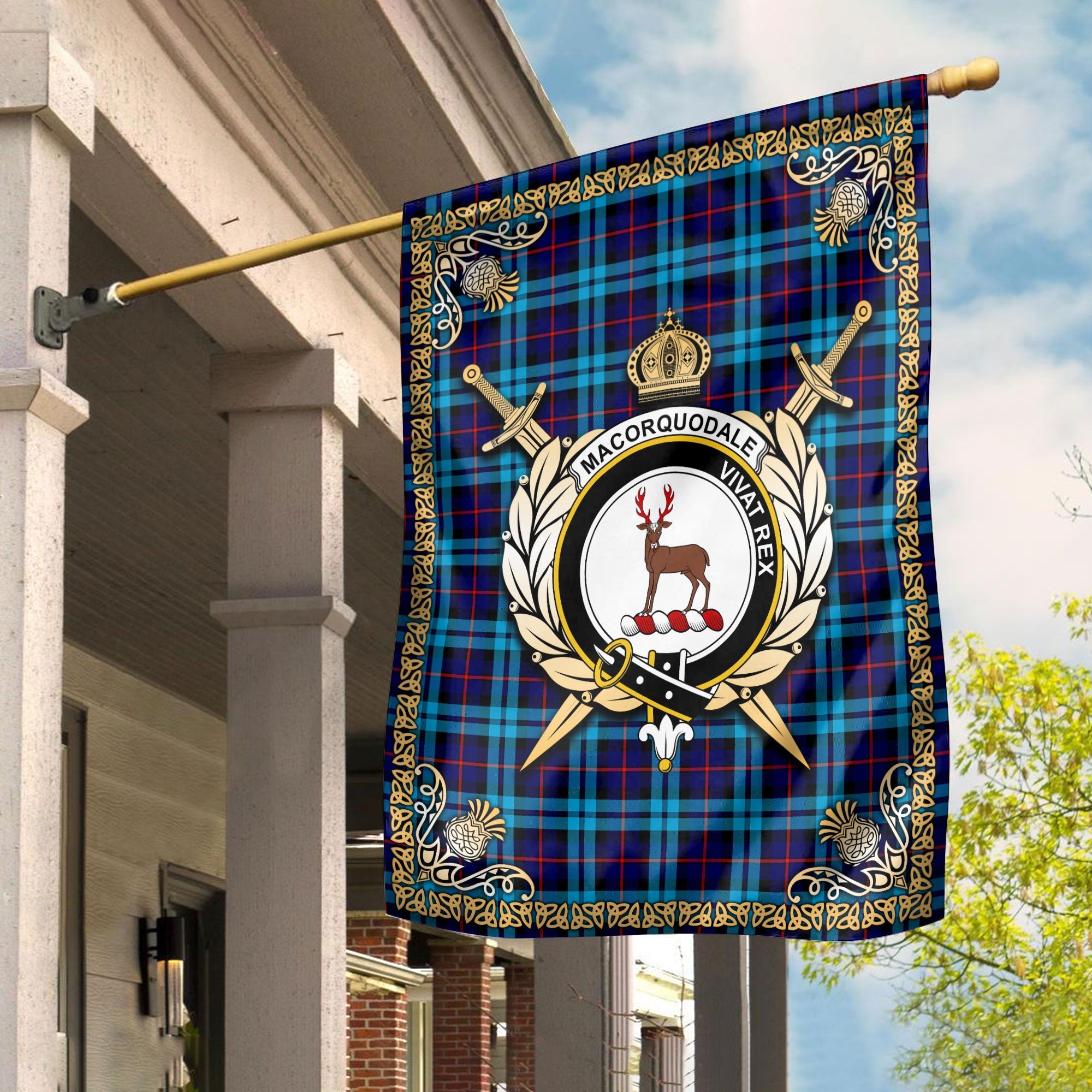 Clan MacCorquodale Tartan Crest Garden Flag  - Celtic Thistle  YT65 Clan MacCorquodale Tartan Today   