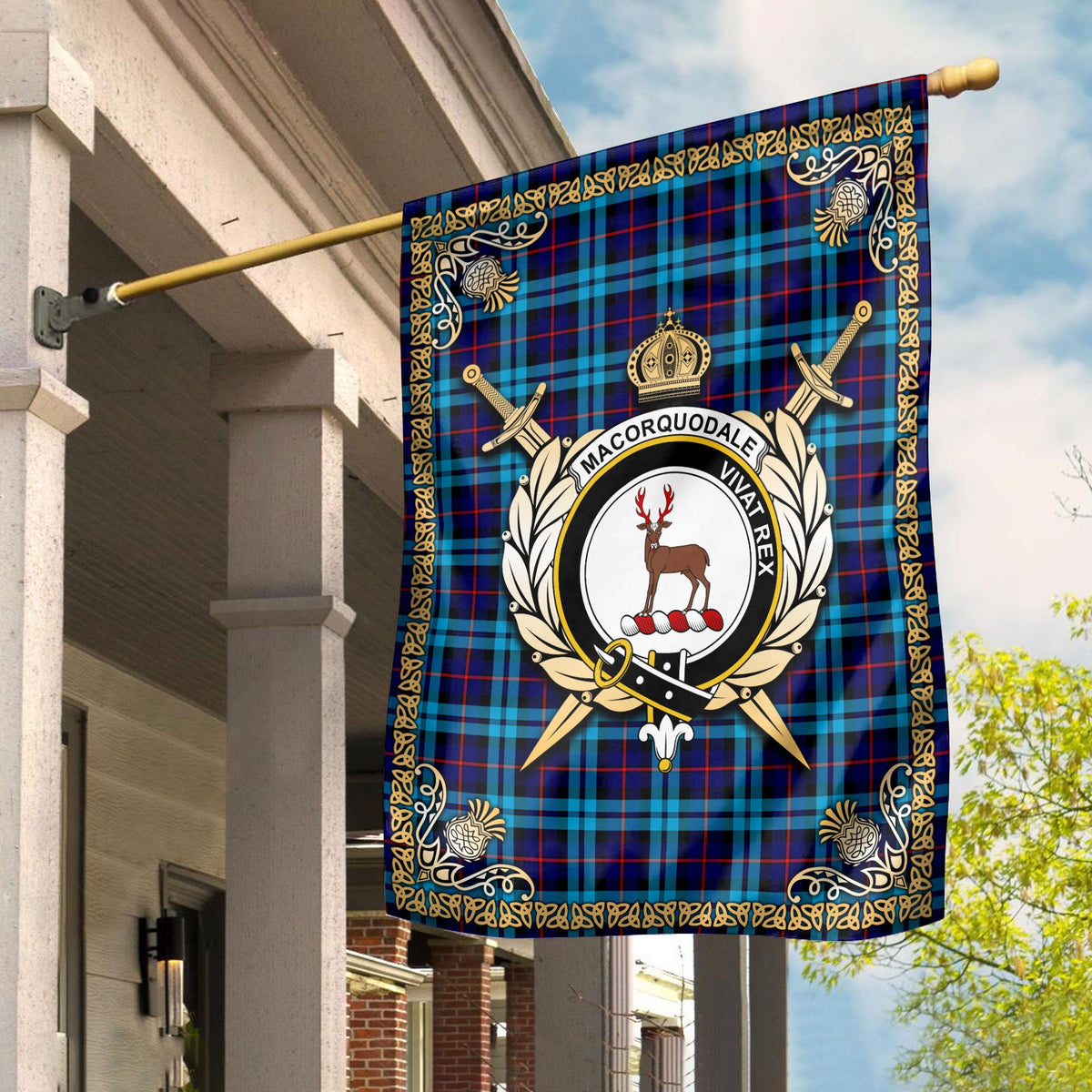 Clan MacCorquodale Tartan Crest Garden Flag  - Celtic Thistle  YT65 Clan MacCorquodale Tartan Today   
