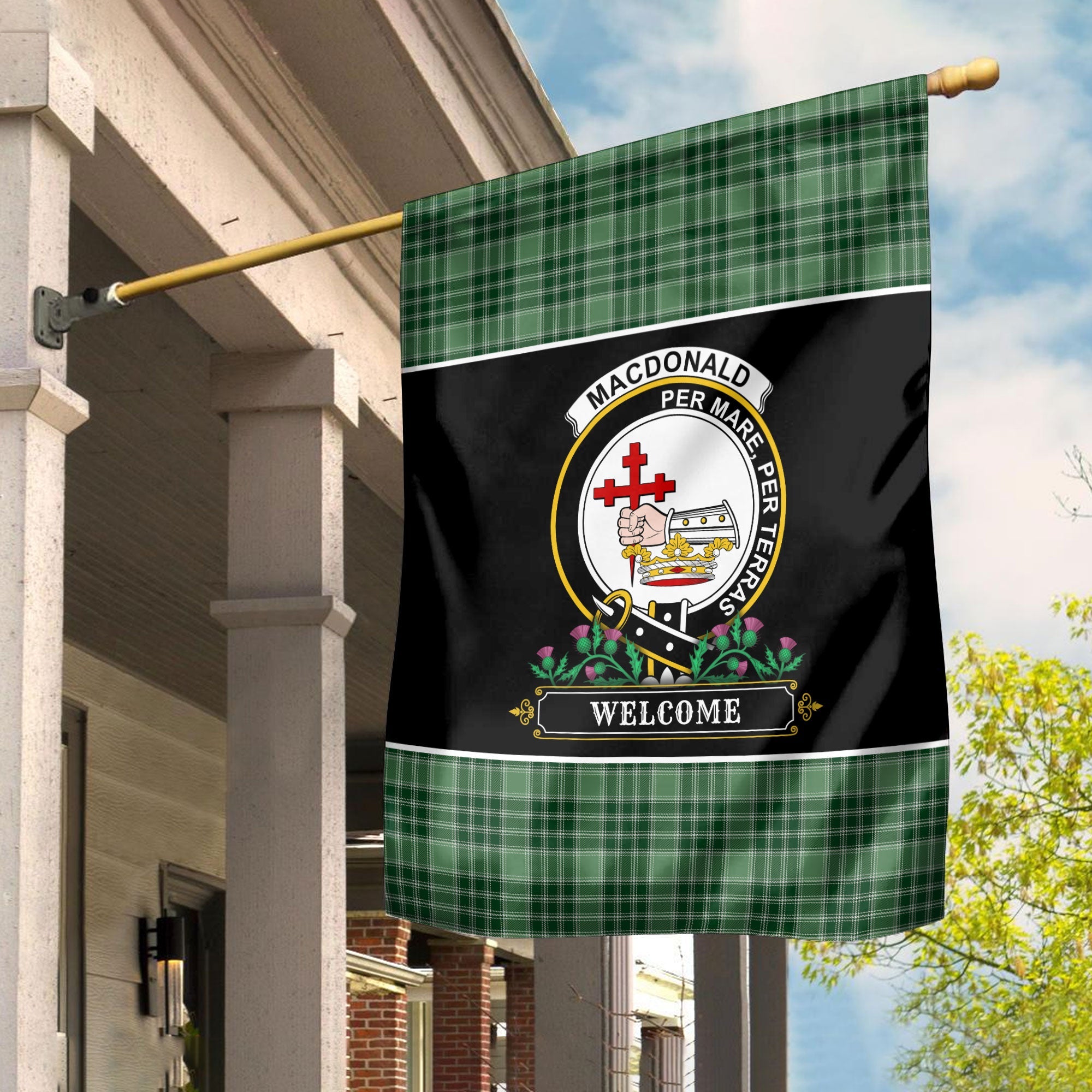 Clan MacDonald Lord of the Isles Hunting Tartan Crest Garden Flag  - Welcome  IA63 Clan MacDonald Tartan Today   