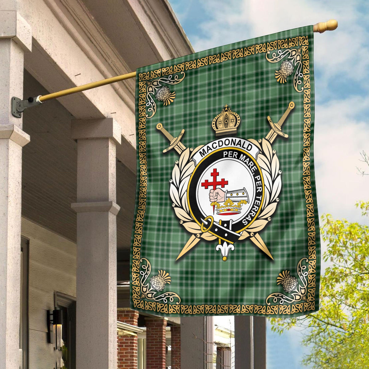 Clan MacDonald Lord of the Isles Hunting Tartan Crest Garden Flag  - Celtic Thistle  VN16 Clan MacDonald Tartan Today   