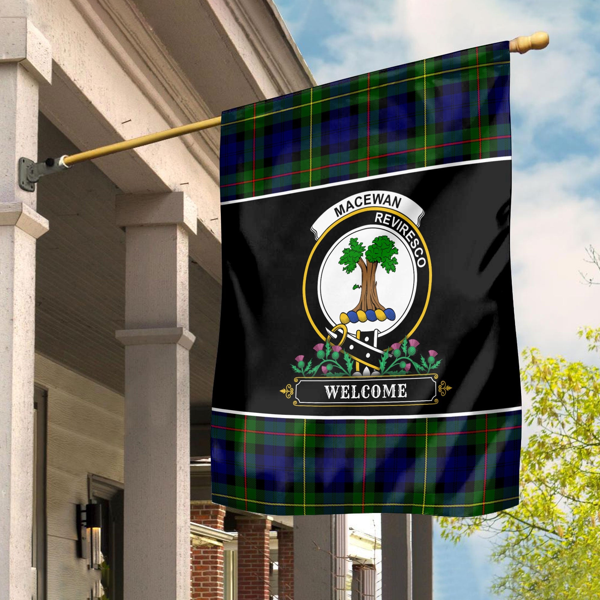 Clan MacEwan Modern Tartan Crest Garden Flag  - Welcome  DH56 Clan MacEwen_MacEwan Tartan Today   