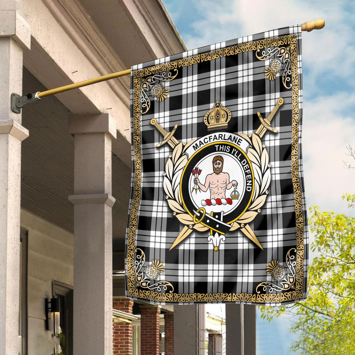 Clan MacFarlane Black _ White Tartan Crest Garden Flag  - Celtic Thistle  GM26 Clan MacFarlane Tartan Today   