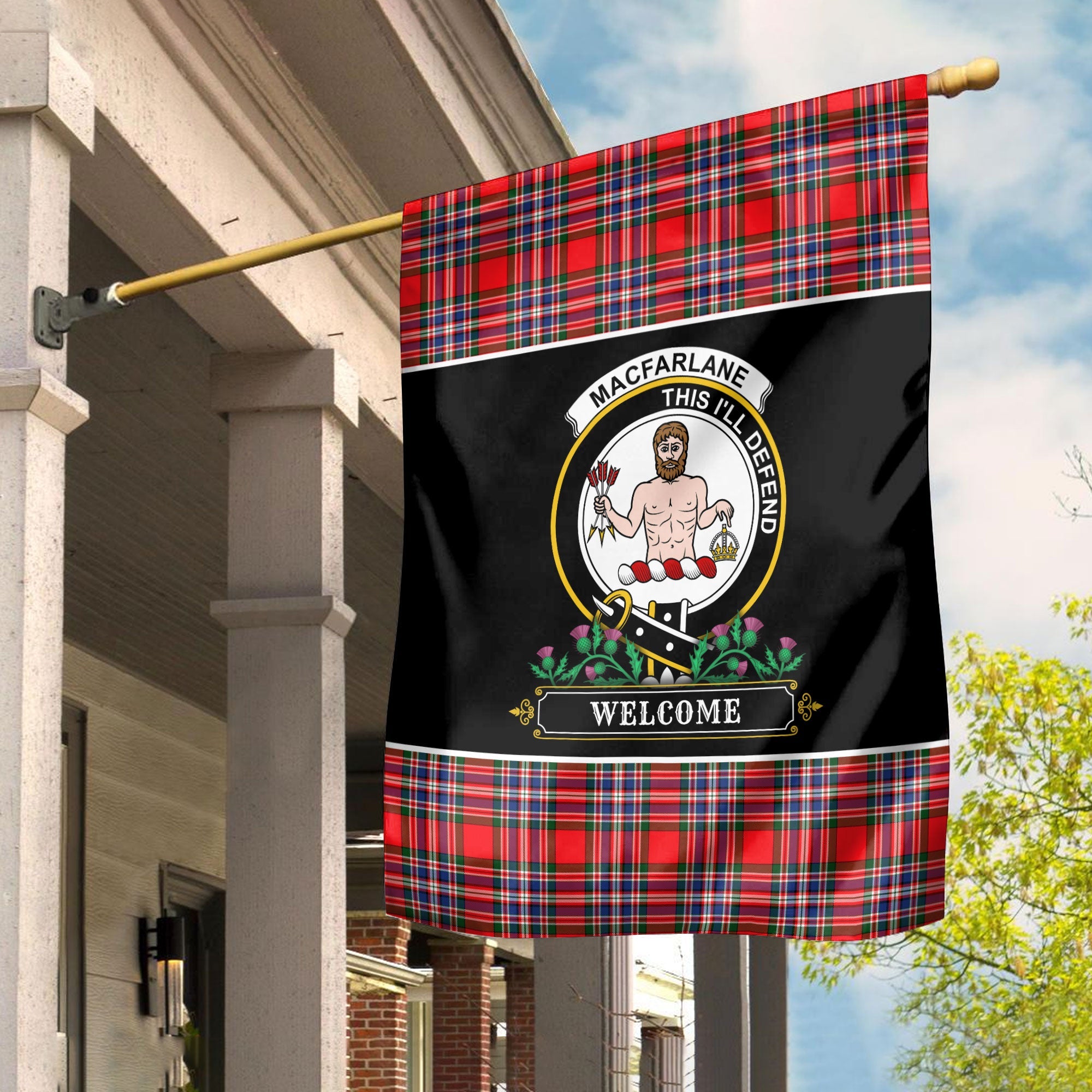 Clan MacFarlane Modern Tartan Crest Garden Flag  - Welcome  BD14 Clan MacFarlane Tartan Today   