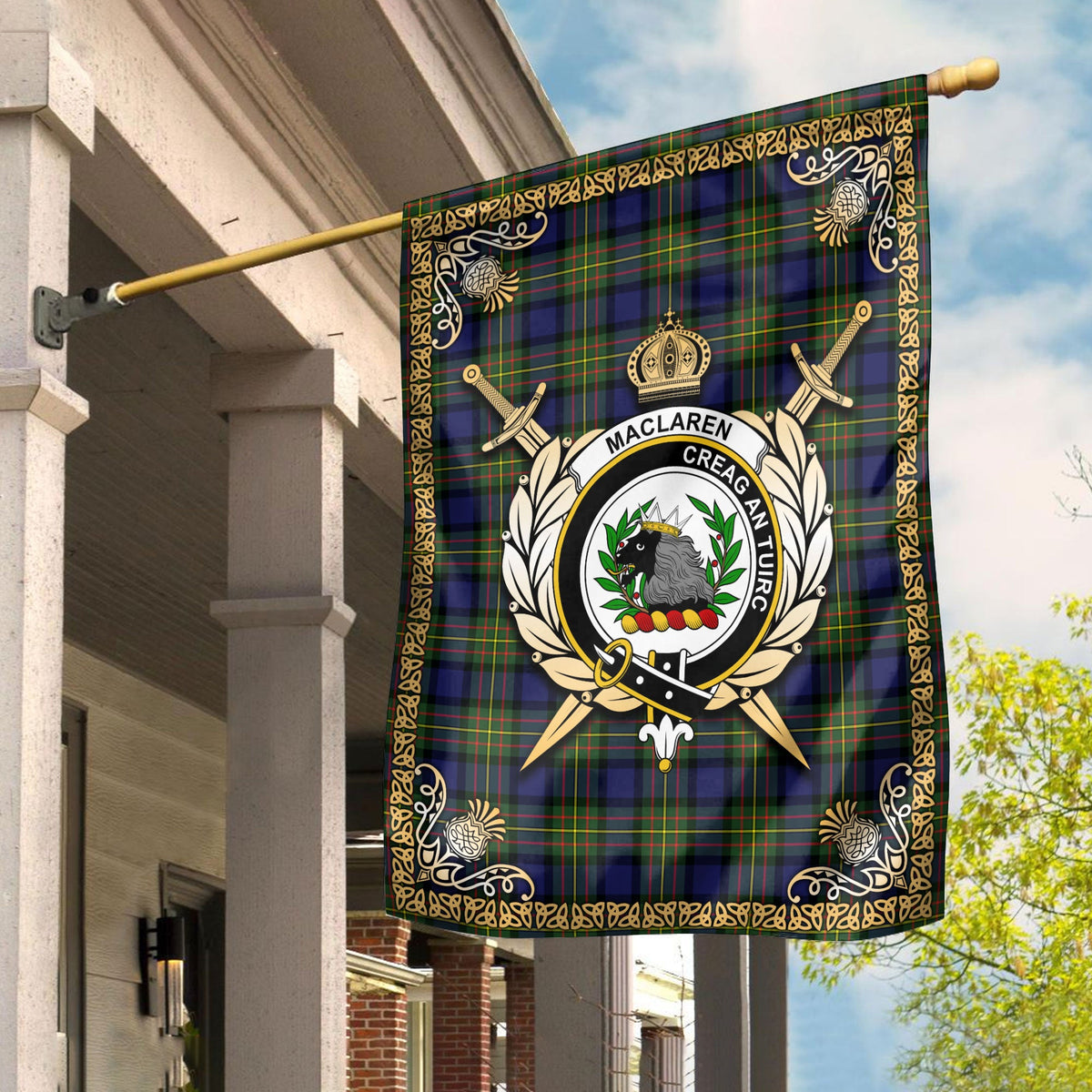 Clan MacLaren Modern Tartan Crest Garden Flag  - Celtic Thistle  KJ85 Clan Garden Tartan Today   