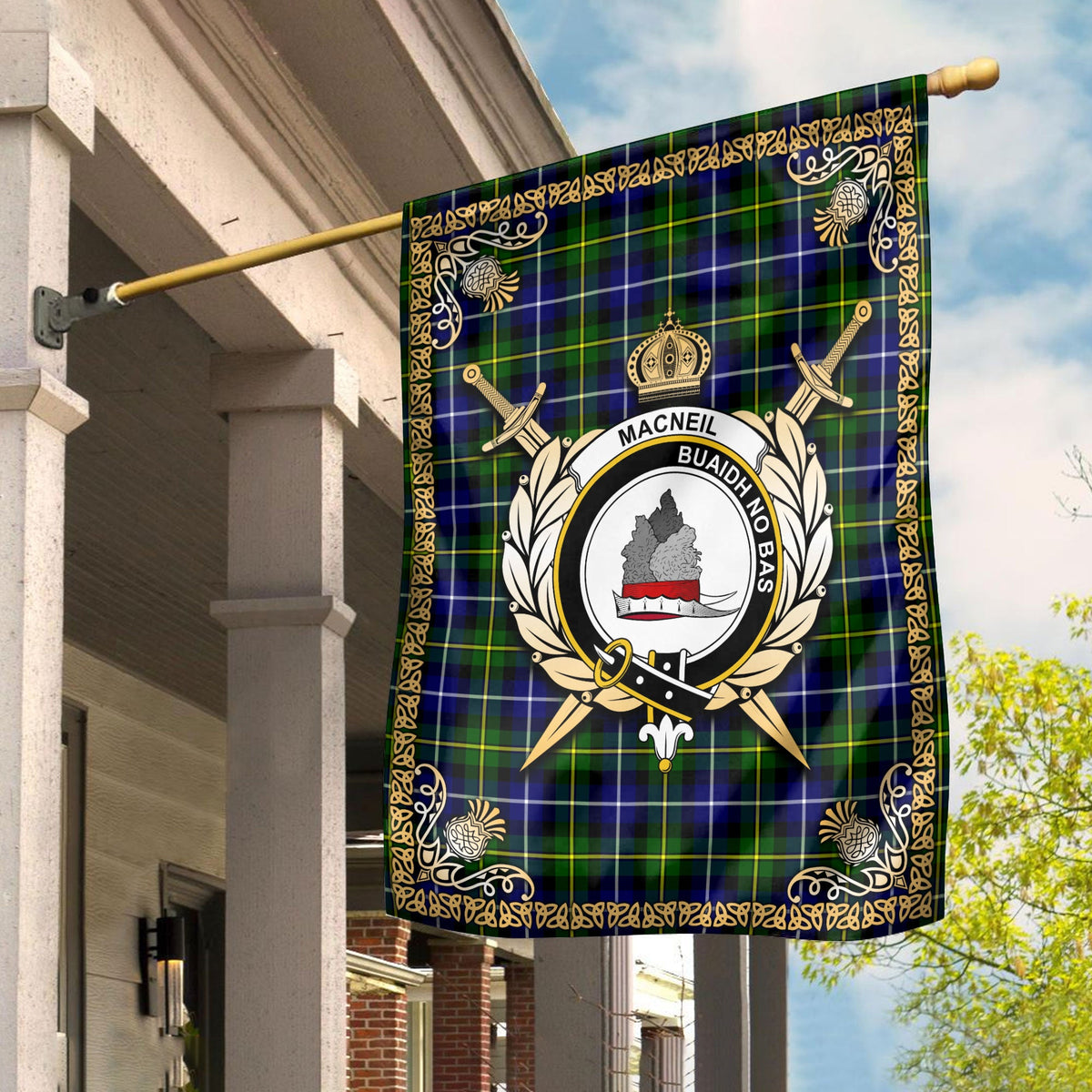 Clan MacNeil of Barra Modern Tartan Crest Garden Flag  - Celtic Thistle  CK43 Clan MacNeil / MacNeill Tartan Today   