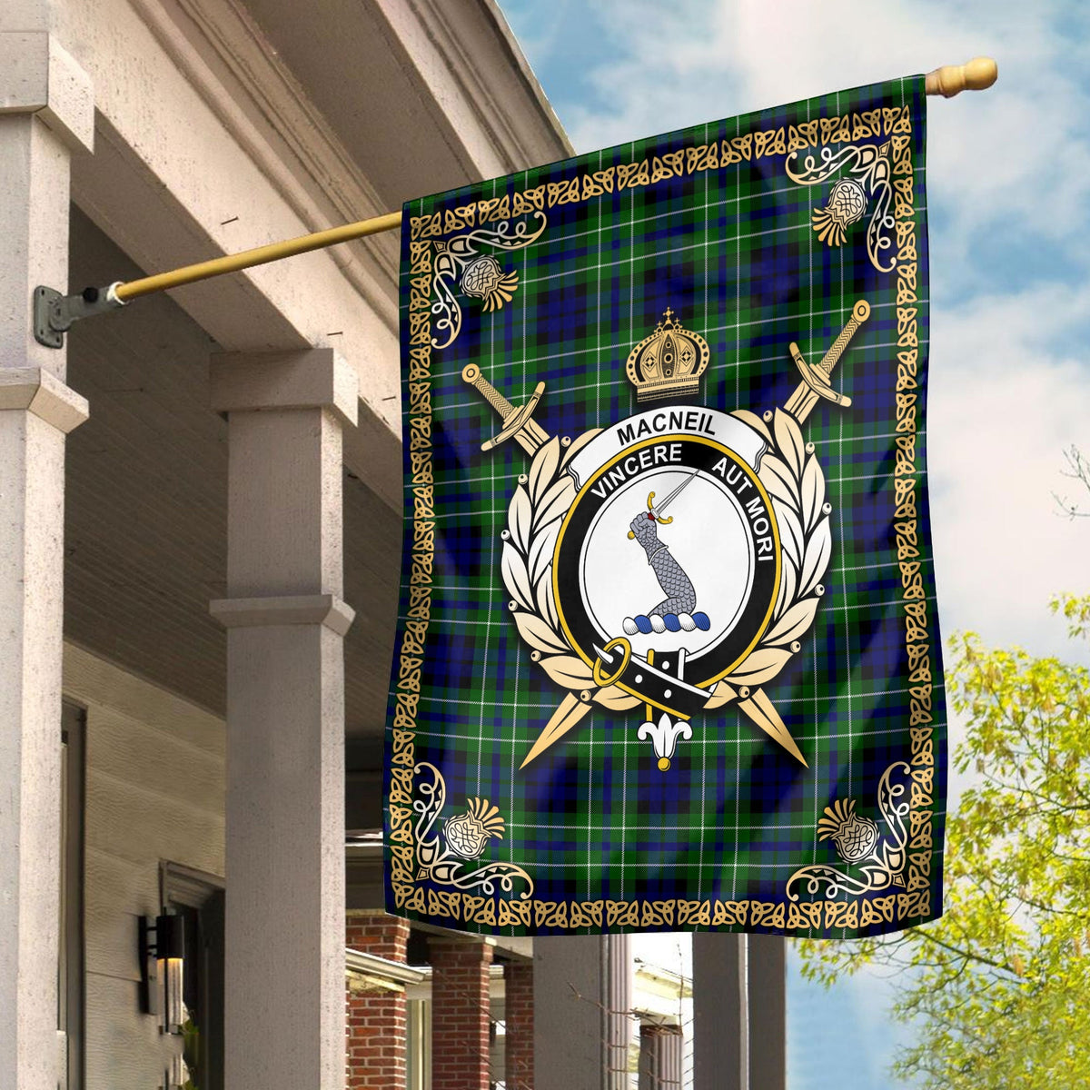 Clan MacNeil of Colonsay Modern Tartan Crest Garden Flag  - Celtic Thistle  DJ41 Clan MacNeil / MacNeill Tartan Today   