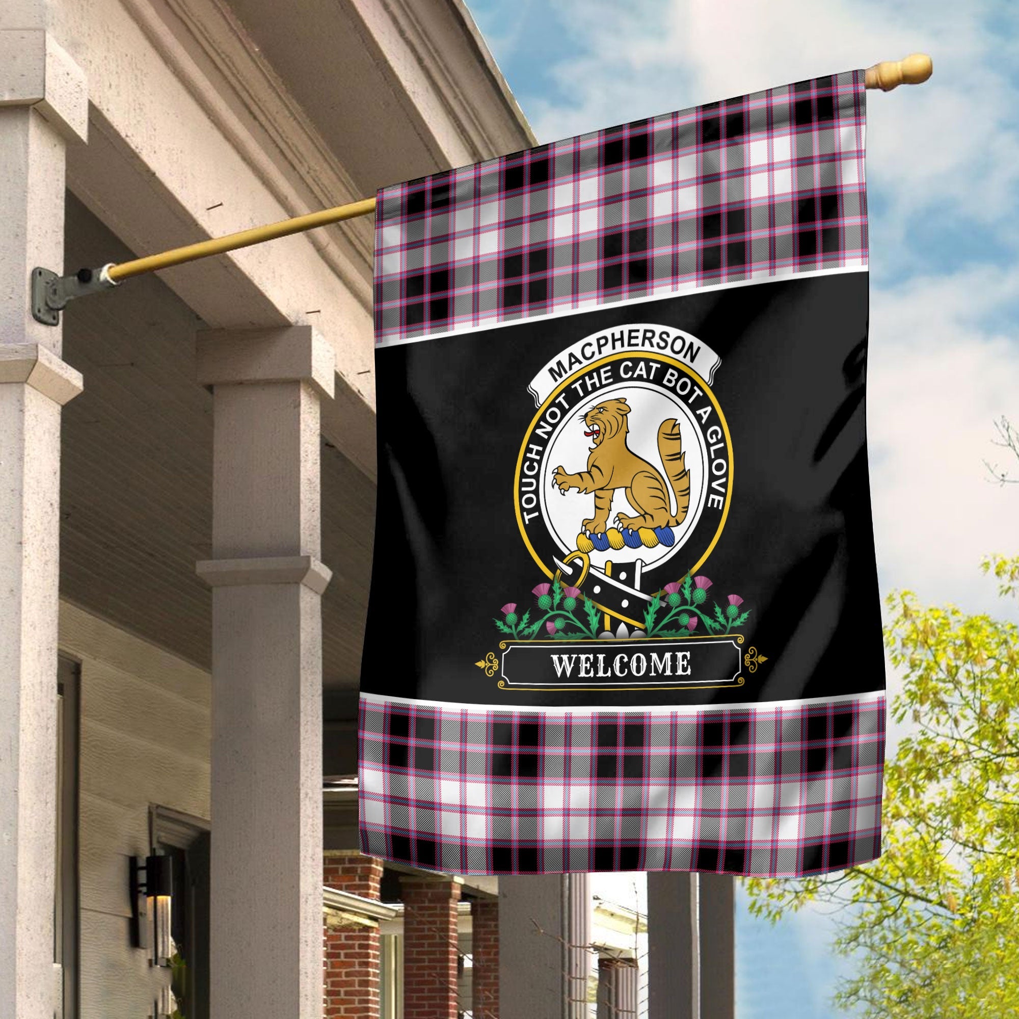 Clan MacPherson Hunting Modern Tartan Crest Garden Flag  - Welcome  JN53 Clan MacPherson Tartan Today   