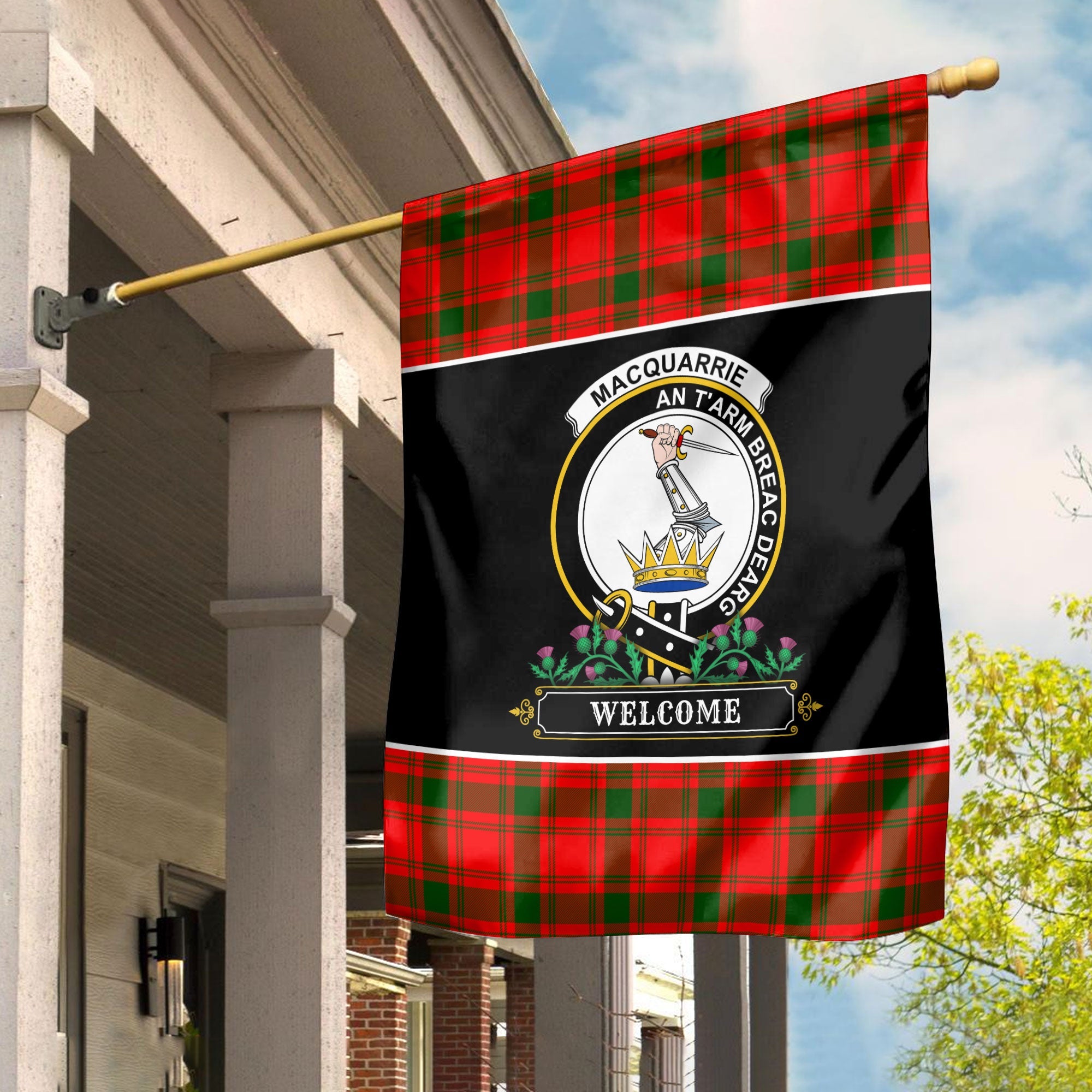 Clan MacQuarrie Tartan Crest Garden Flag  - Welcome  ZU77 Clan MacQuarrie Tartan Today   