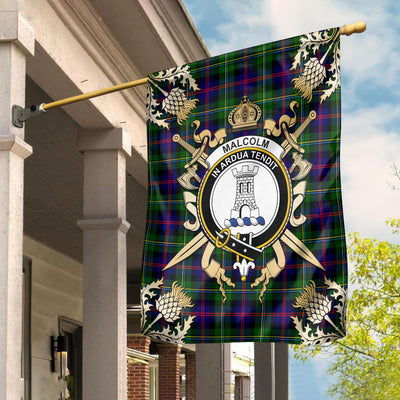 Clan Malcolm Tartan Crest Black Garden Flag - Gold Thistle